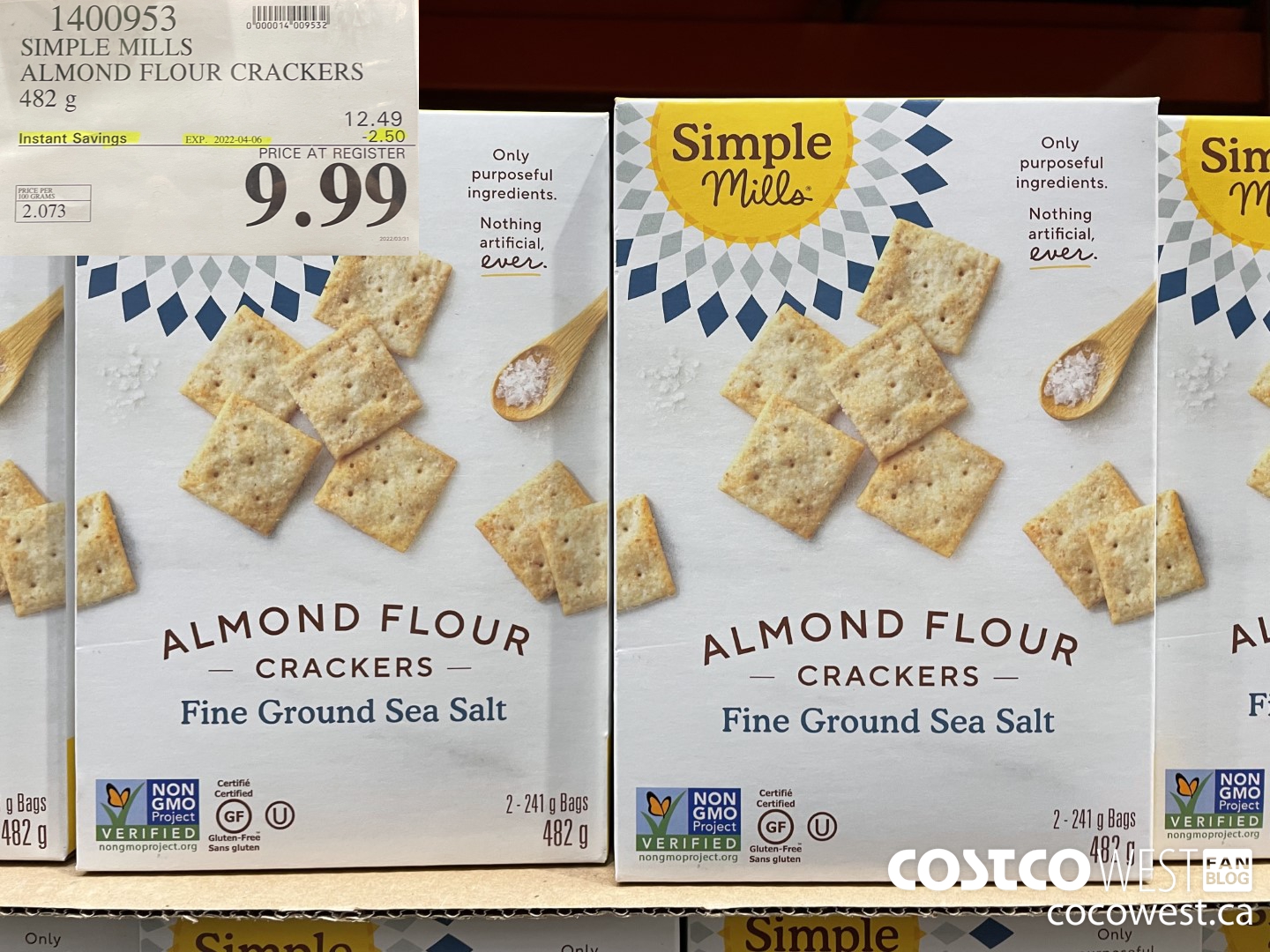 1400953 SIMPLE MILLS ALMOND FLOUR CRACKERS WITH SEA SALT 482 g ($2.50 INSTANT SAVINGS EXPIRES ON 2022-04-06) $9.99