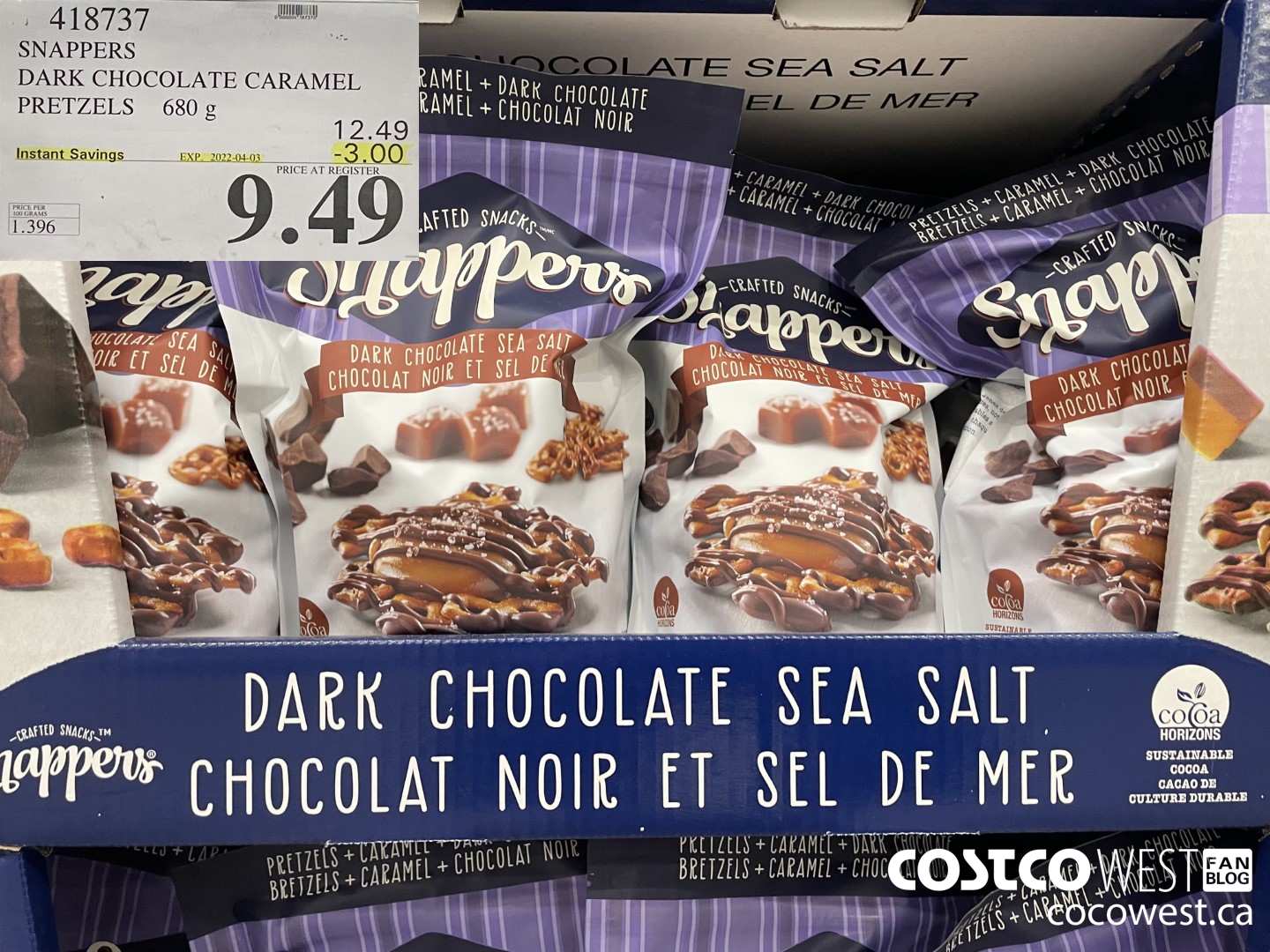 418737 SNAPPERS DARK CHOCOLATE CARAMEL PRETZELS 680 g ($3.00 INSTANT SAVINGS EXPIRES ON 2022-04-03) $9.49