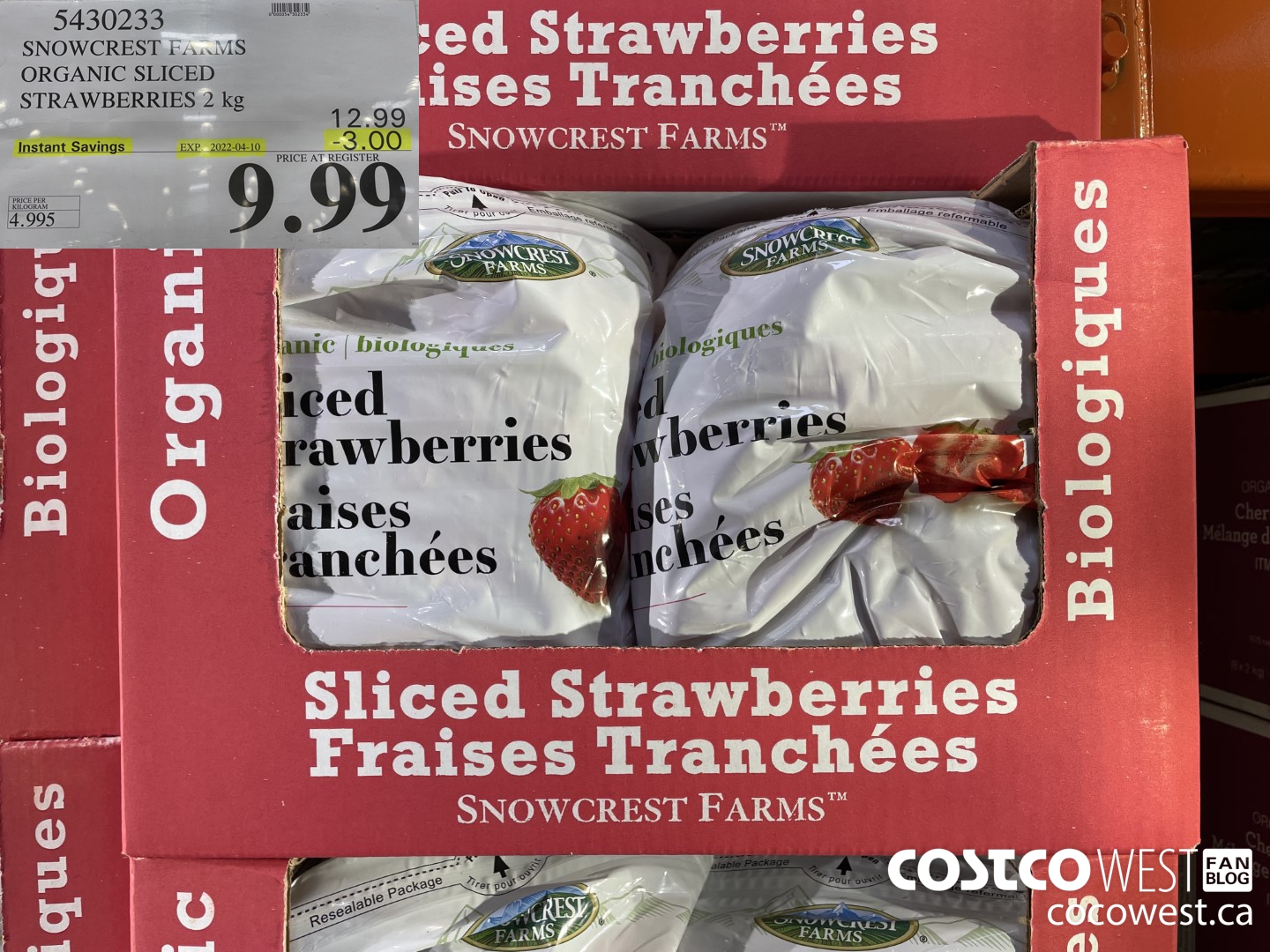 5430233 SNOWCREST ORGANIC SLICED STRAWBERRIES 2 kg ($3.00 INSTANT SAVINGS EXPIRES ON 2022-04-10) $9.99