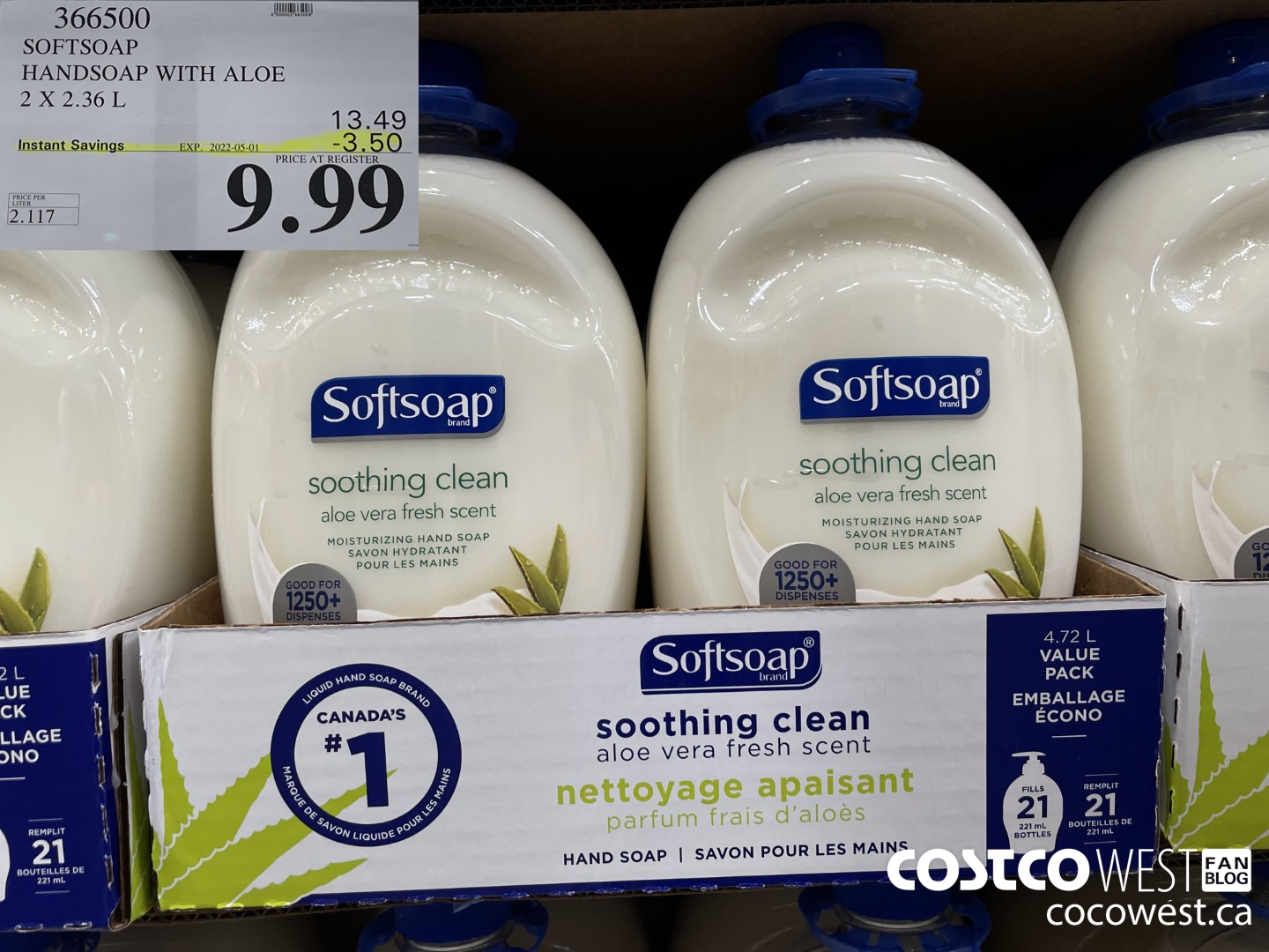 366500 SOFTSOAP HANDSOAP WITH ALOE 2 X 2.36L ($3.50 INSTANT SAVINGS EXPIRES ON 2022-05-01) $9.99