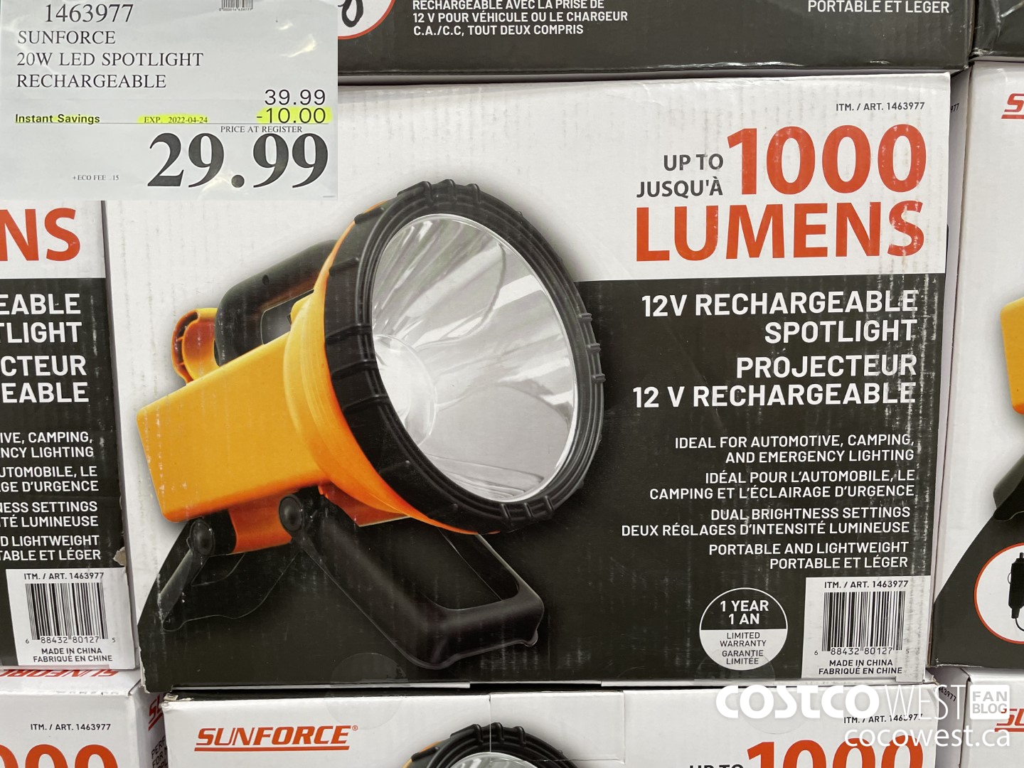 1463977 SUNFORCE 20W LED SPOTLIGHT RECHARGEABLE  ($10.00 INSTANT SAVINGS EXPIRES ON 2022-04-24) $29.99