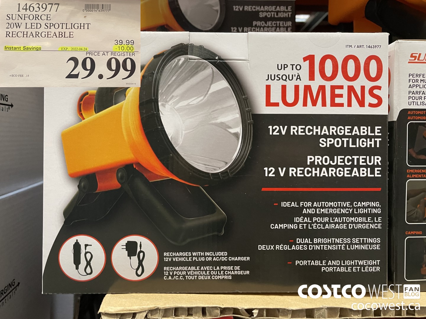 1463977 SUNFORCE 20W LED SPOTLIGHT RECHARGEABLE  ($10.00 INSTANT SAVINGS EXPIRES ON 2022-04-24) $29.99