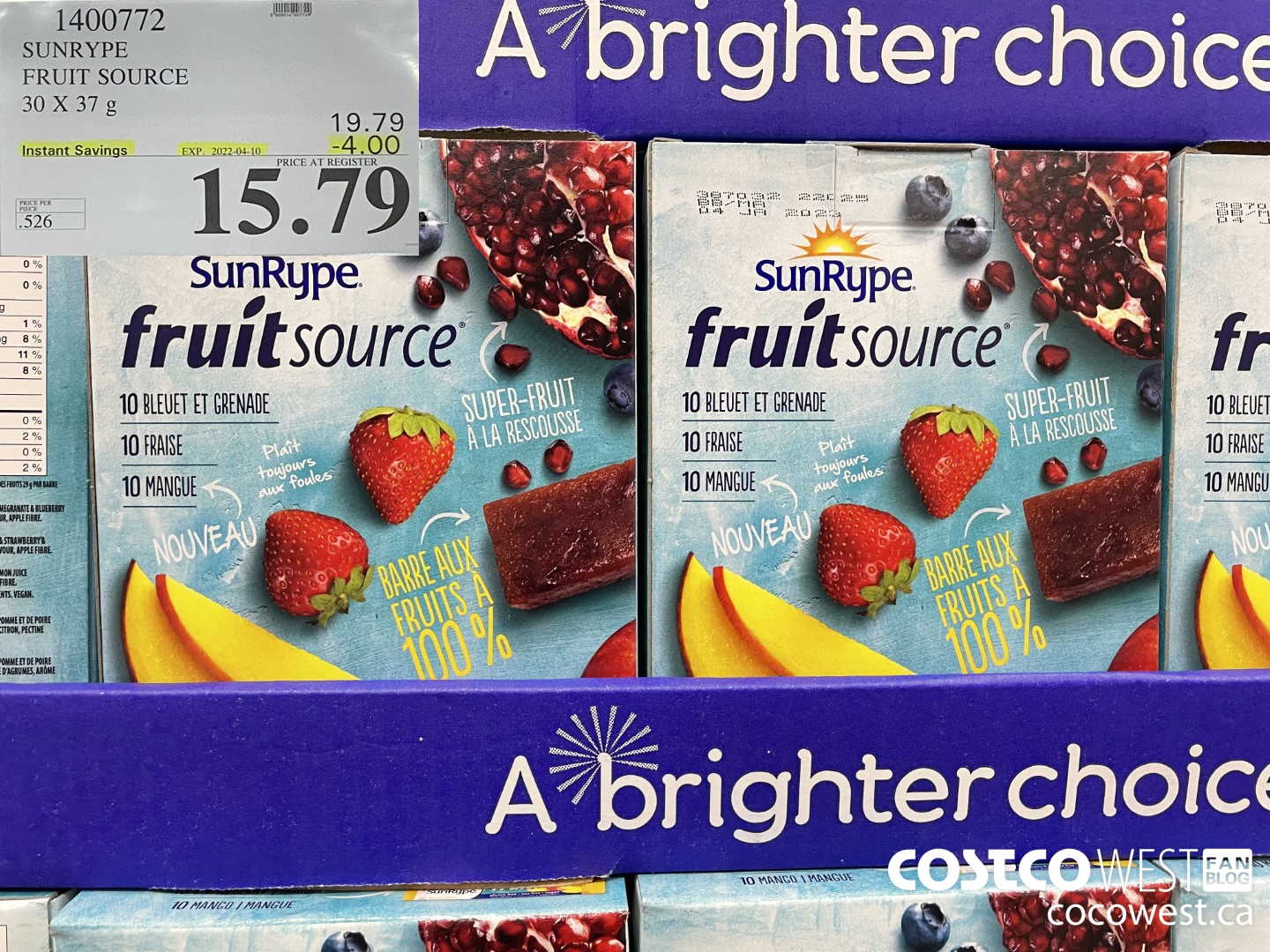 1400772 SUNRYPE FRUIT SOURCE 30 X 37 G ($4.00 INSTANT SAVINGS EXPIRES ON 2022-04-10) $15.79