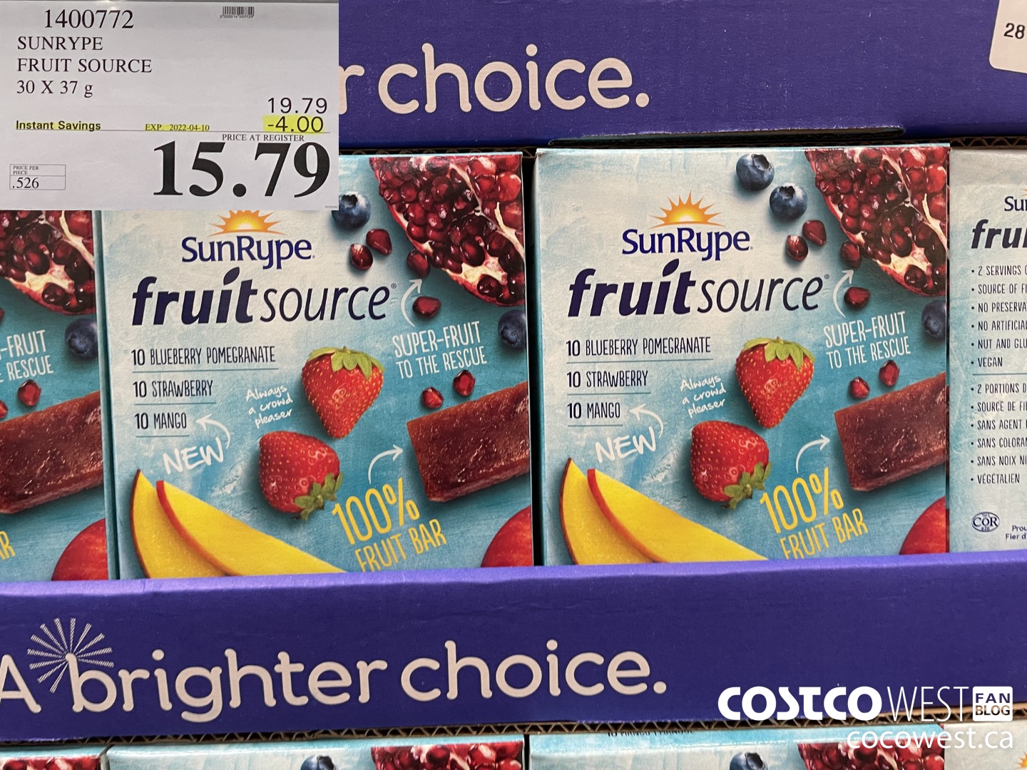 1400772 SUNRYPE FRUIT SOURCE 30 X 37 G ($4.00 INSTANT SAVINGS EXPIRES ON 2022-04-10) $15.79