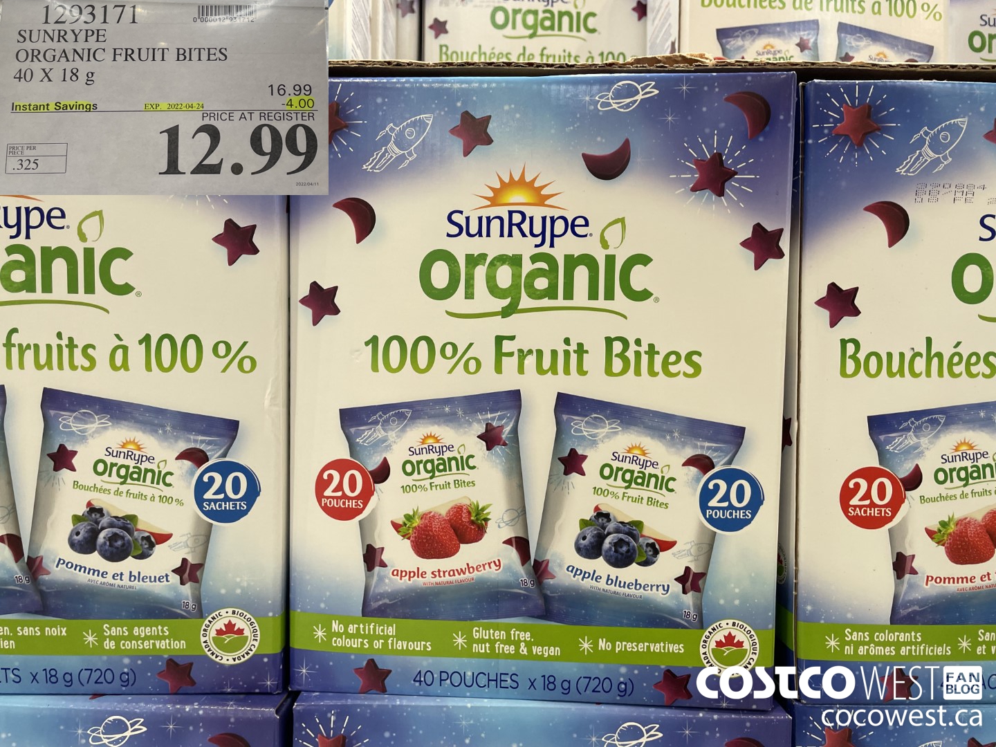1293171 SUNRYPE ORGANIC FRUIT BITES 40 X 18G ($4.00 INSTANT SAVINGS EXPIRES ON 2022-04-24) $12.99