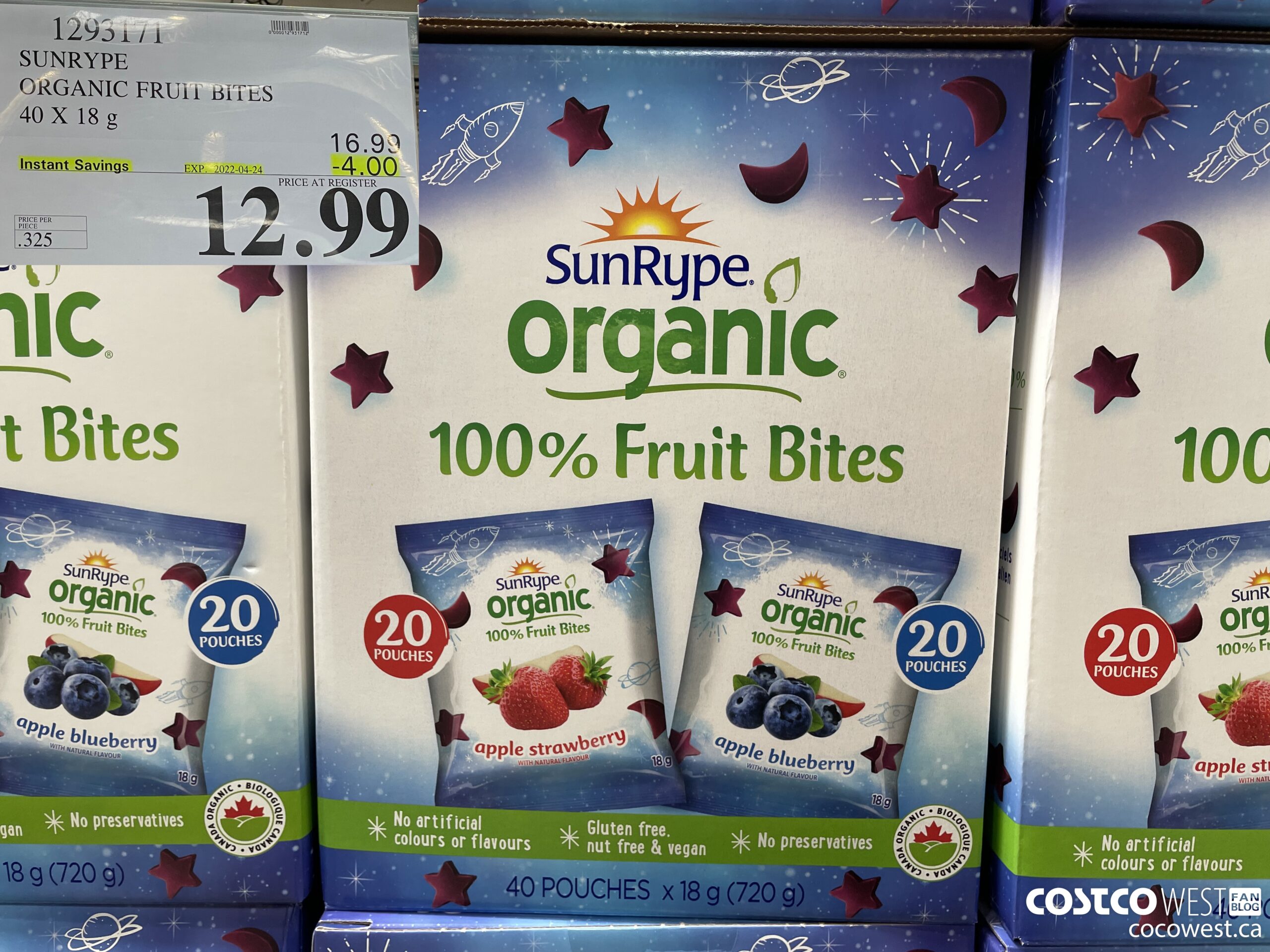 1293171 SUNRYPE ORGANIC FRUIT BITES 40 X 18G ($4.00 INSTANT SAVINGS EXPIRES ON 2022-04-24) $12.99