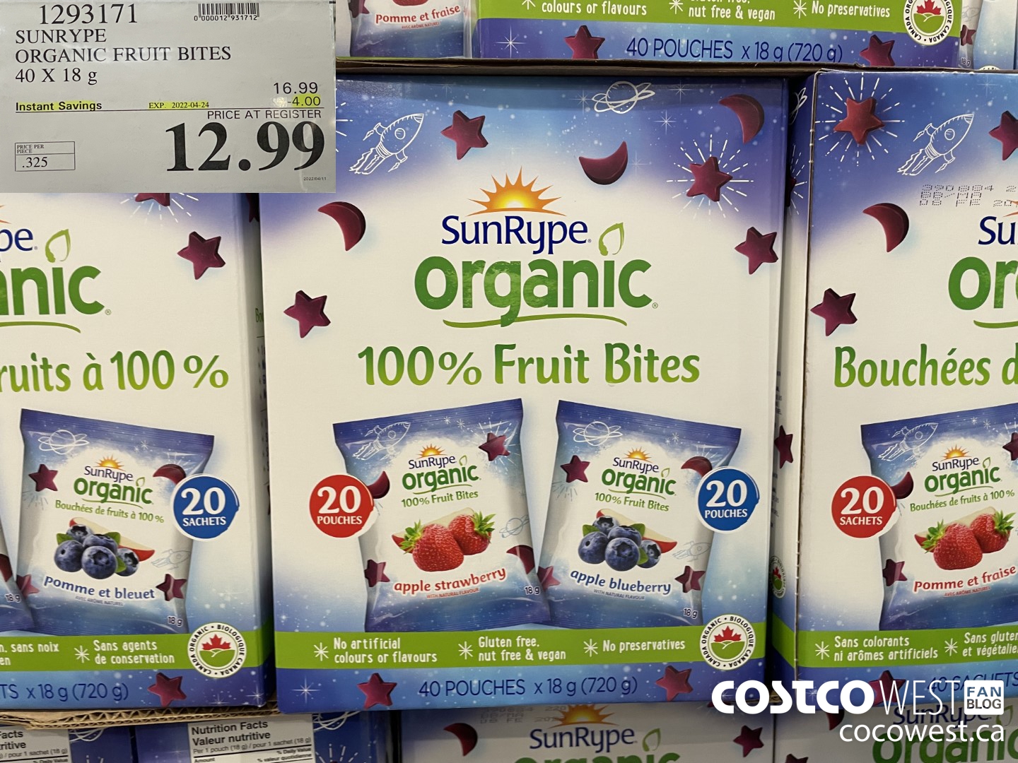 1293171 SUNRYPE ORGANIC FRUIT BITES 40 X 18G ($4.00 INSTANT SAVINGS EXPIRES ON 2022-04-24) $12.99