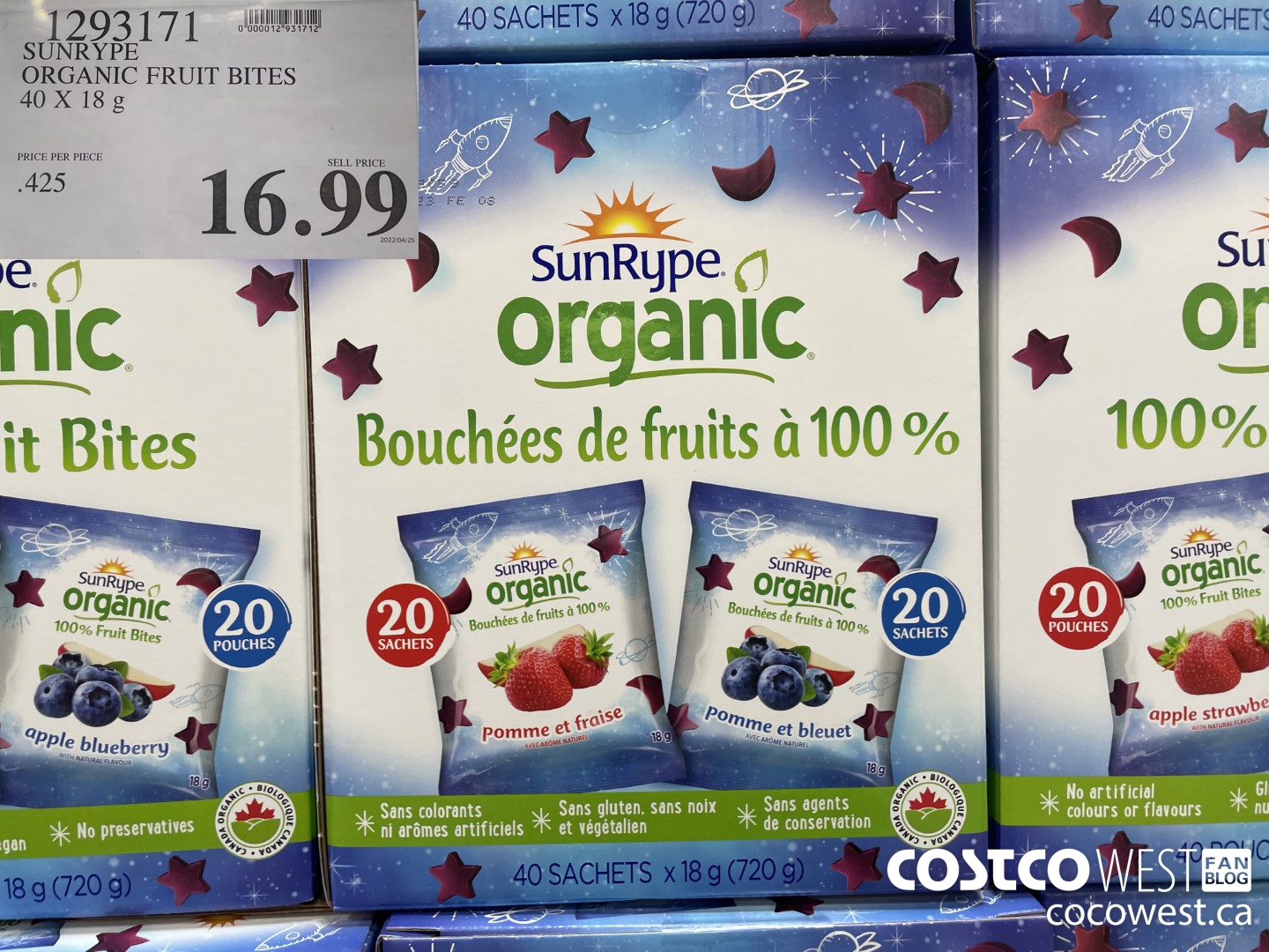 1293171 SUNRYPE ORGANIC FRUIT BITES 40 X 18G $16.99