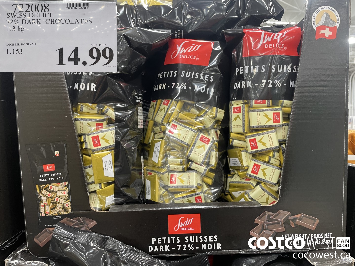 722008 SWISS DELICE 72% DARK CHOCOLATES 1.3 KG $14.99