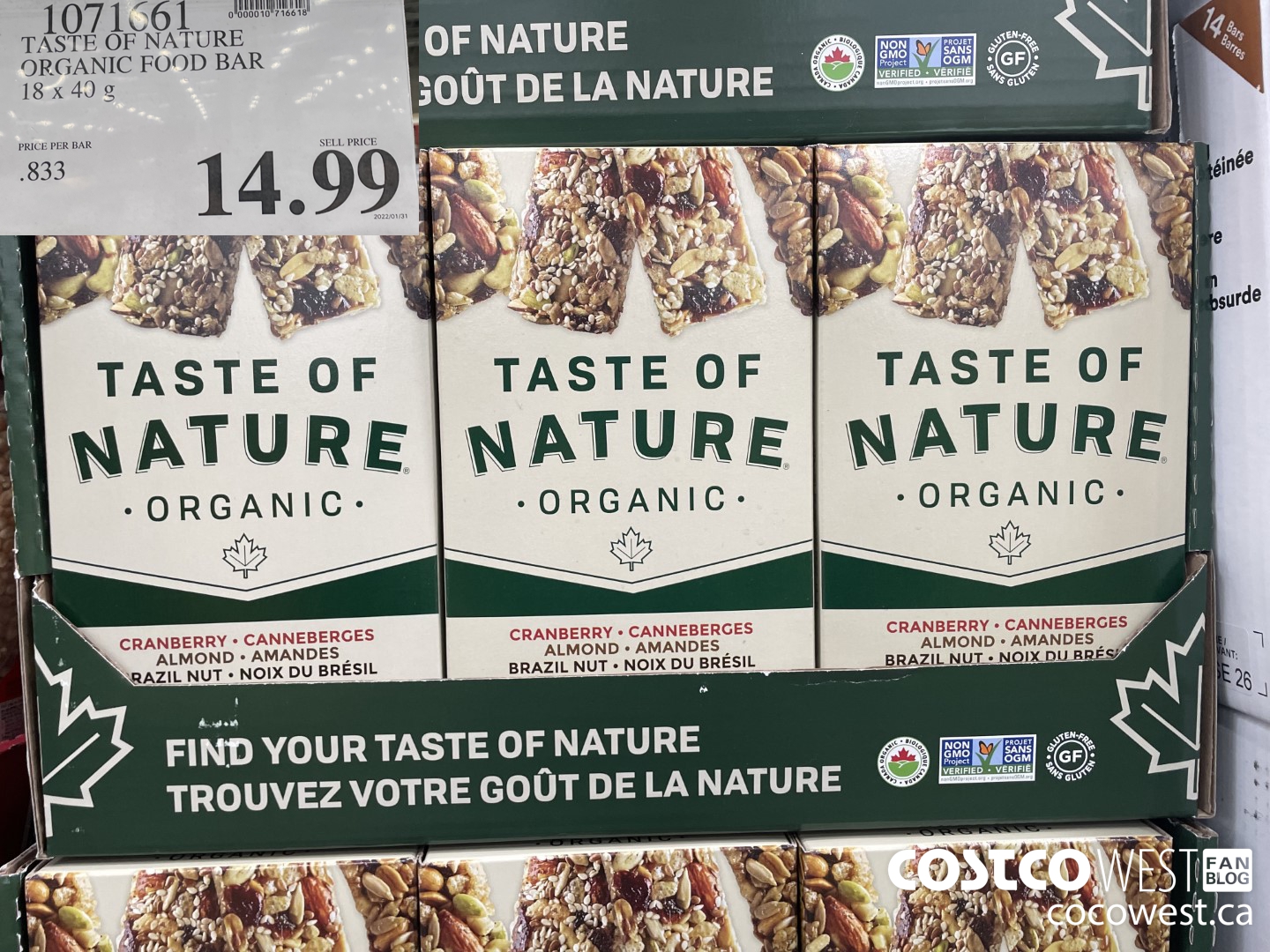 1071661 TASTE OF NATURE ORGANIC FOOD BAR 18 X 40G $14.99