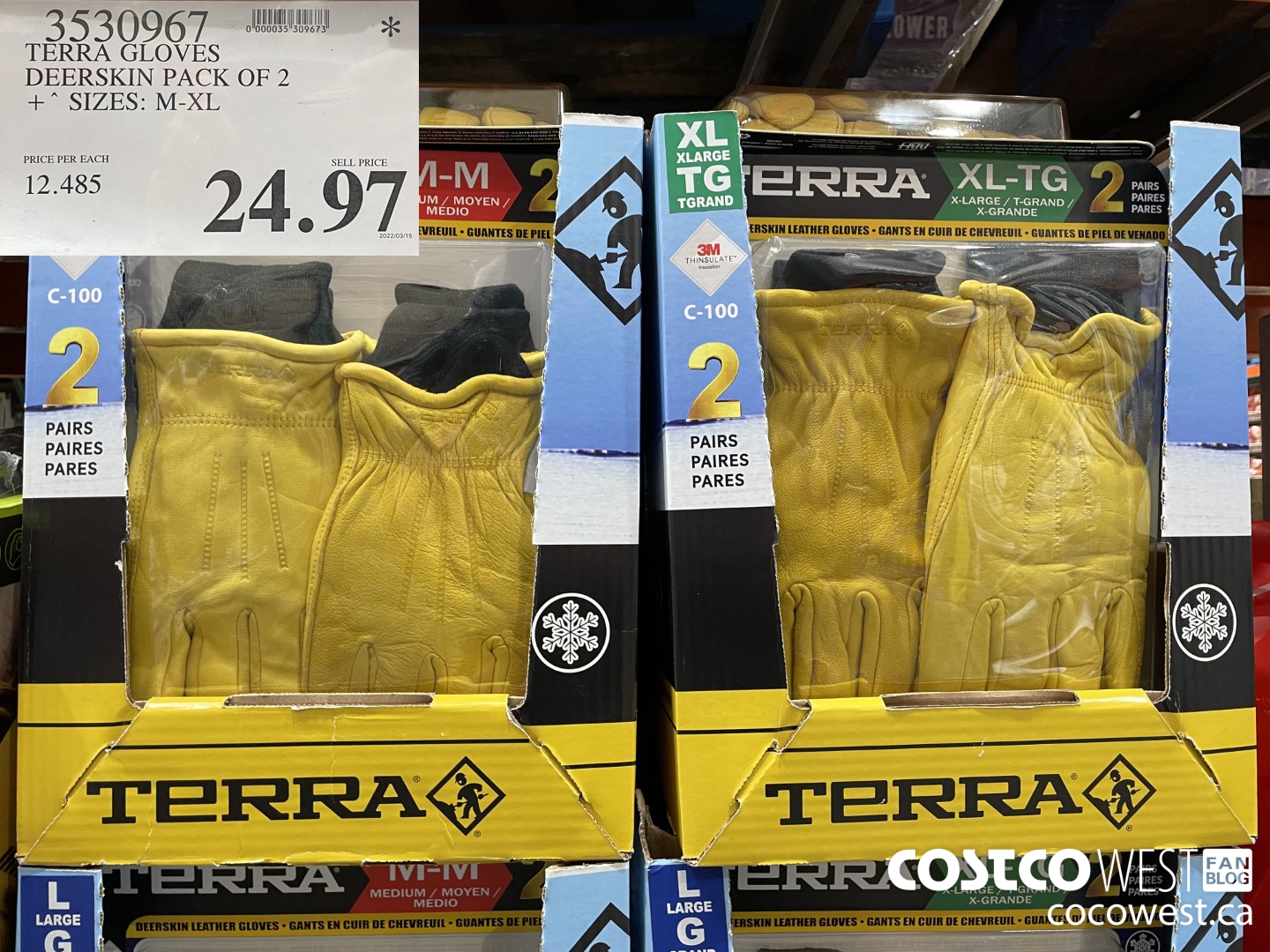 3530967 TERRA GLOVES DEERSKIN PACK OF 2 SIZES: M-XL $24.97