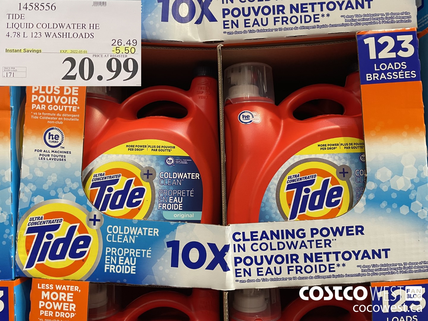 1458556 TIDE LIQUID COLDWATER HE 4.78 L 123 WASHLOADS  ($5.50 INSTANT SAVINGS EXPIRES ON 2022-05-01) $20.99