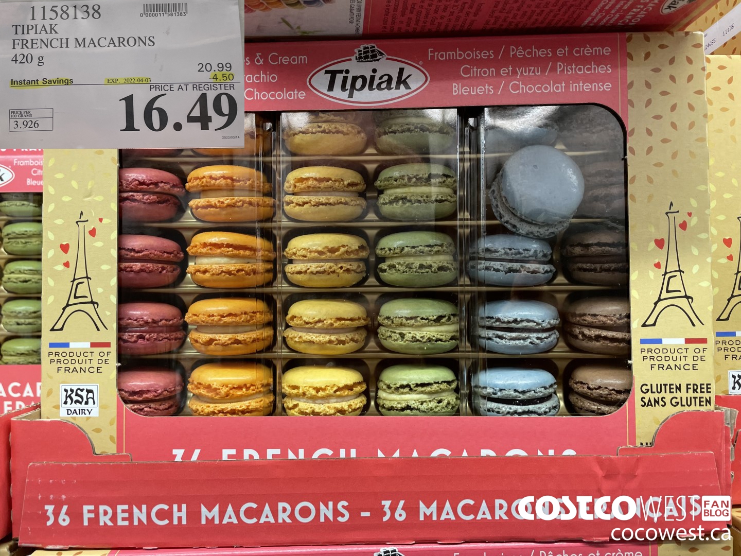 1158138 TIPIAK FRENCH MACARONS 420 g ($4.50 INSTANT SAVINGS EXPIRES ON 2022-04-03) $16.49