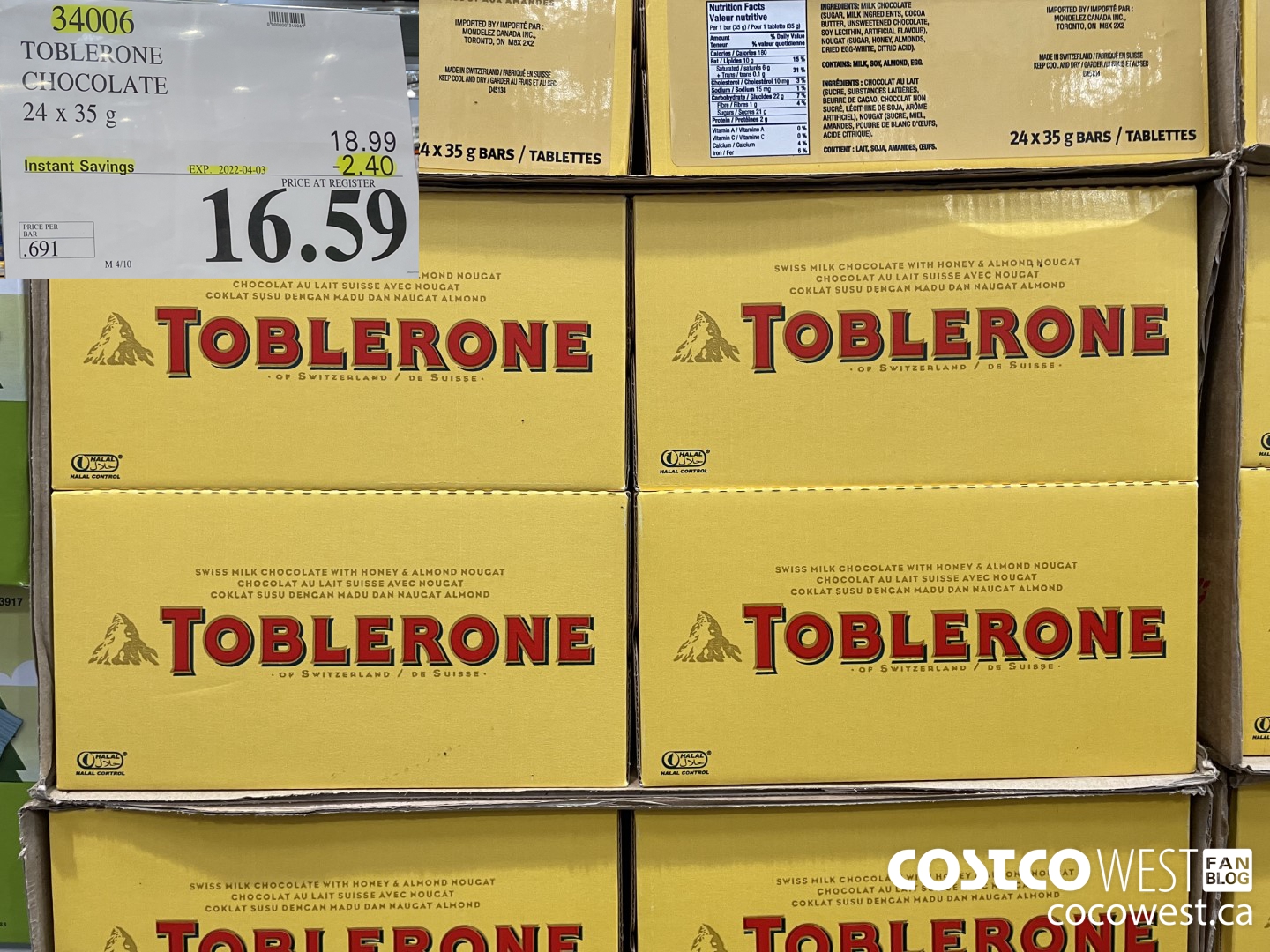 34006 TOBLERONE CHOCOLATE 24 x 35g ($2.40 INSTANT SAVINGS EXPIRES ON 2022-04-03) $16.59