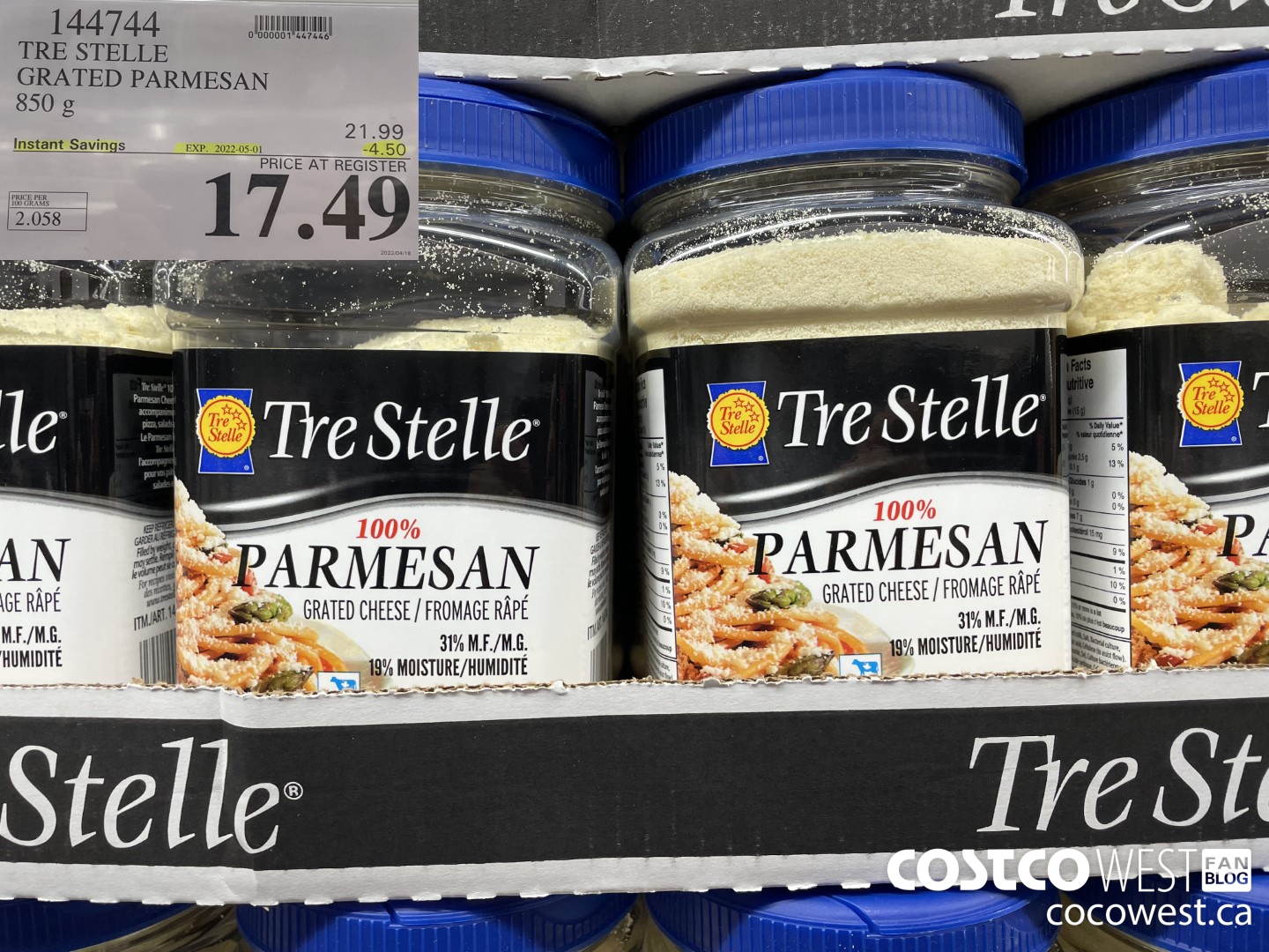 144744 TRE STELLE GRATED PARMESAN 850 g ($4.50 INSTANT SAVINGS EXPIRES ON 2022-05-01) $17.49
