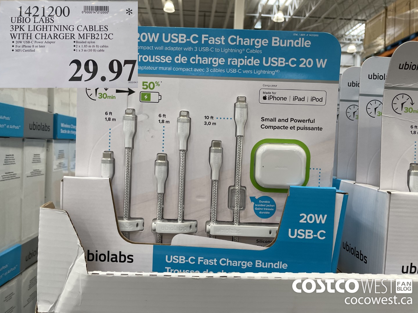 1421200 UBIO LABS 3PK LIGHTNING CABLES WITH CHARGER MFB212C $29.97