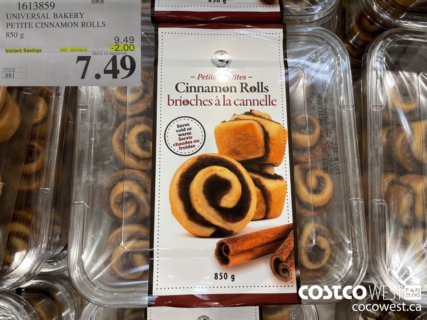 1613859 UNIVERSAL BAKERY PETITE CINNAMON ROLLS 850 g ($2.00 INSTANT SAVINGS EXPIRES ON 2022-04-10) $7.49