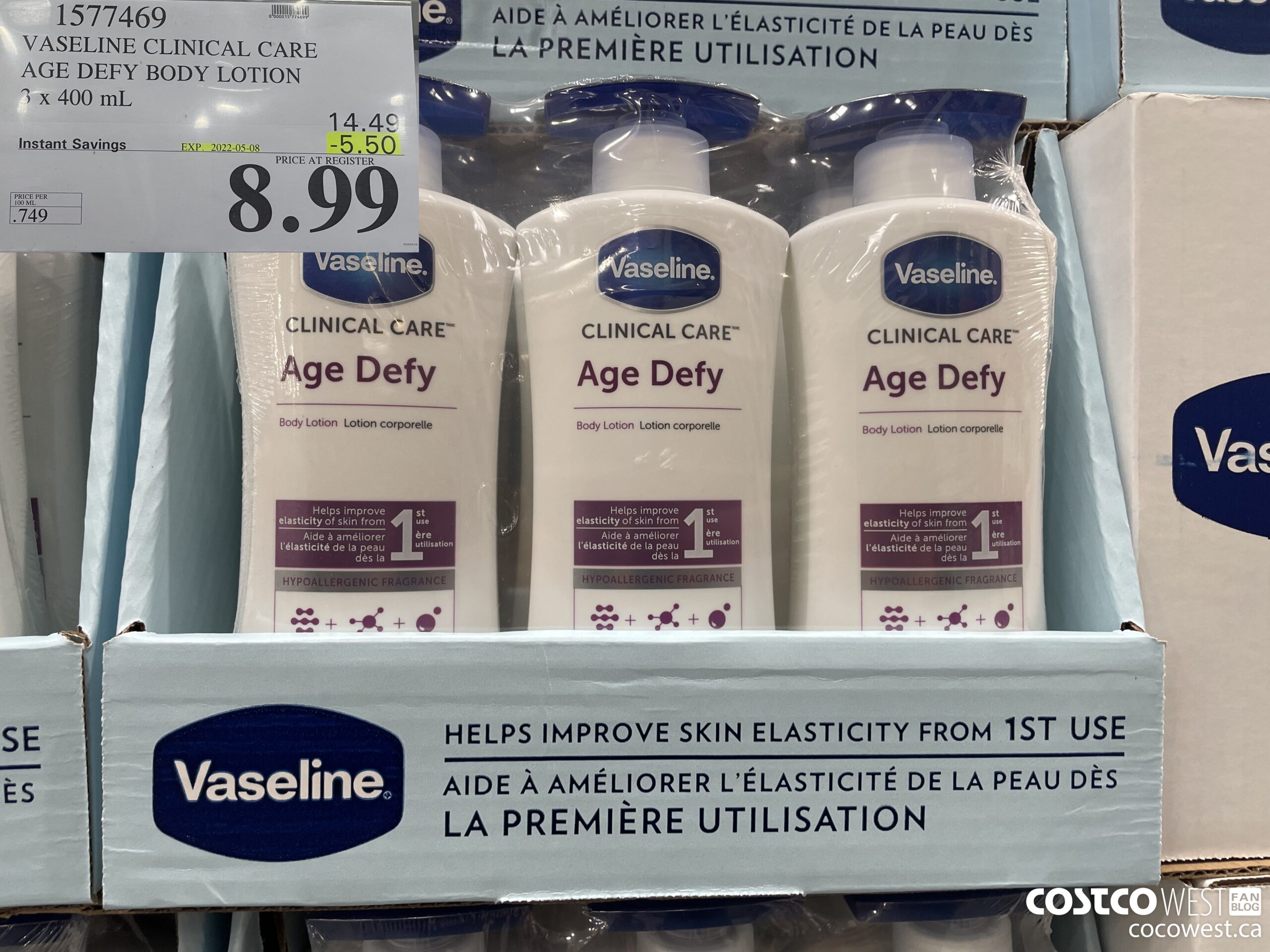 1577469 VASELINE CLINICAL CARE AGE DEFY BODY LOTION 3 x 400 mL ($5.50 INSTANT SAVINGS EXPIRES ON 2022-05-08) $8.99