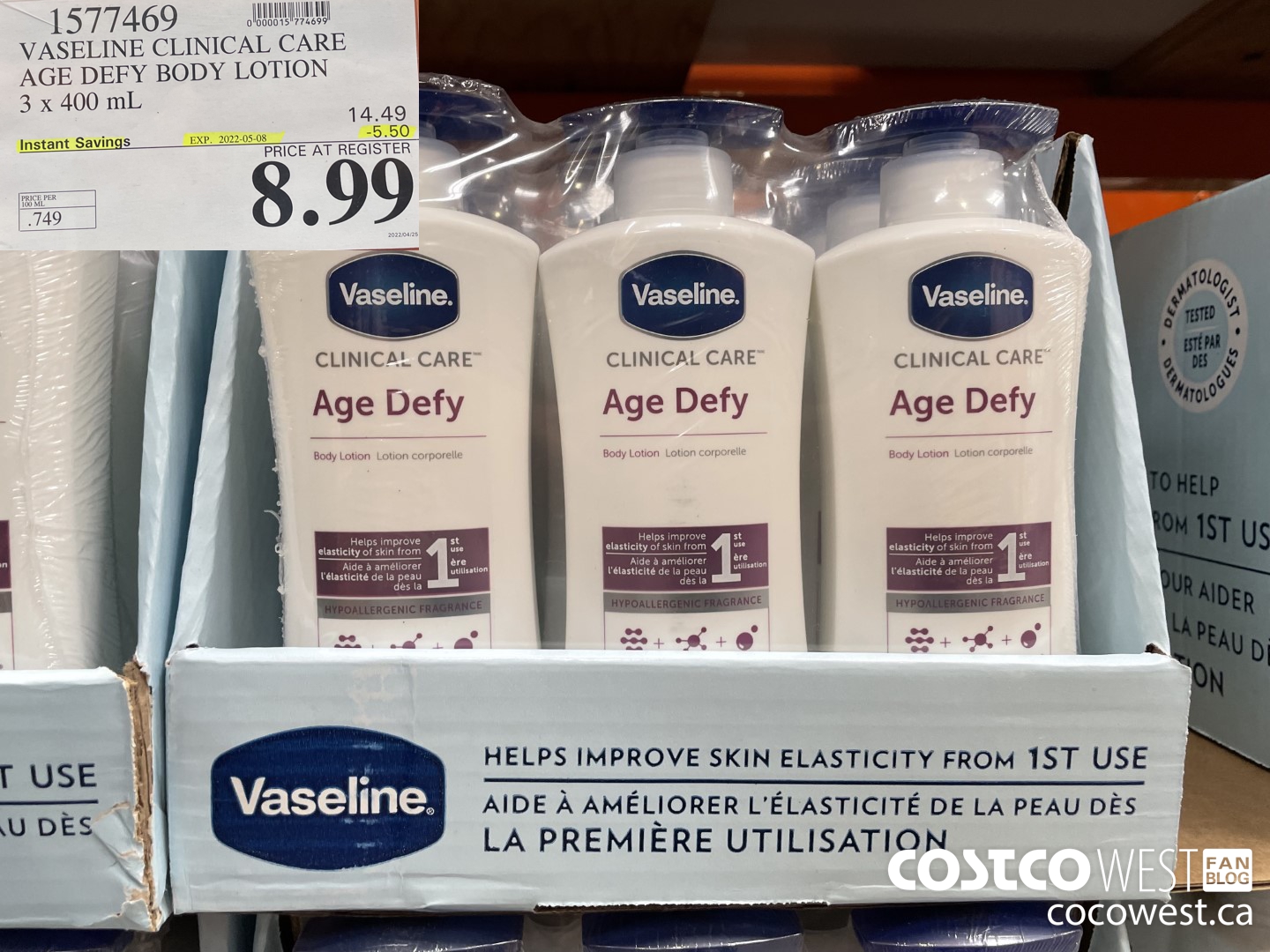 1577469 VASELINE CLINICAL CARE AGE DEFY BODY LOTION 3 x 400 mL ($5.50 INSTANT SAVINGS EXPIRES ON 2022-05-08) $8.99