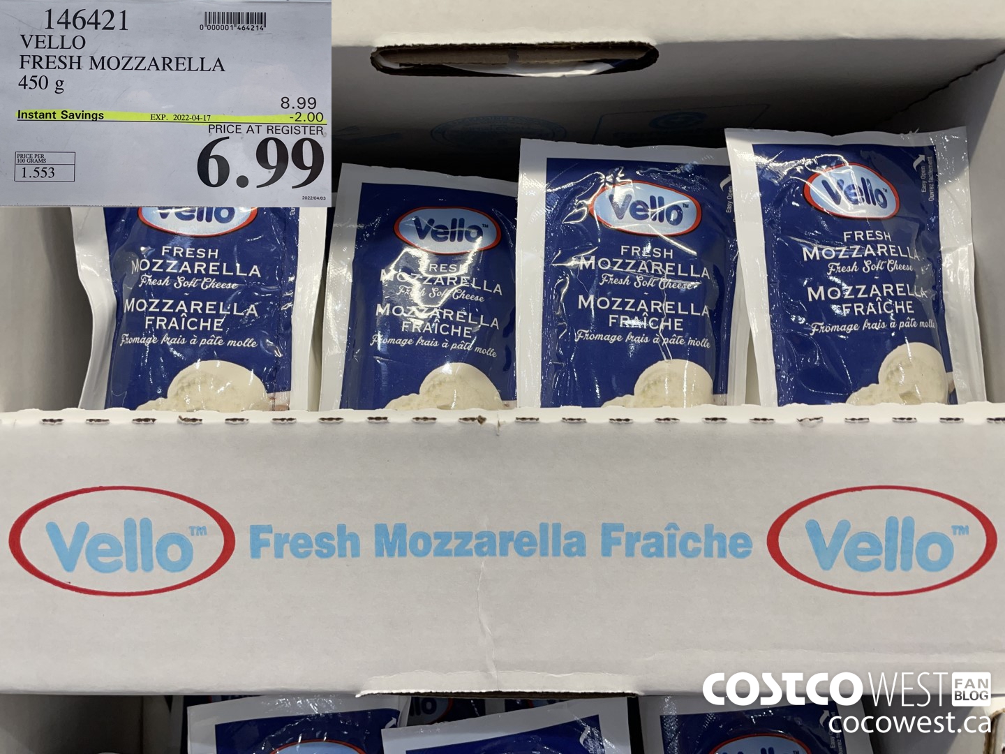146421 VELLO FRESH MOZZARELLA 450 g ($2.00 INSTANT SAVINGS EXPIRES ON 2022-04-17) $6.99