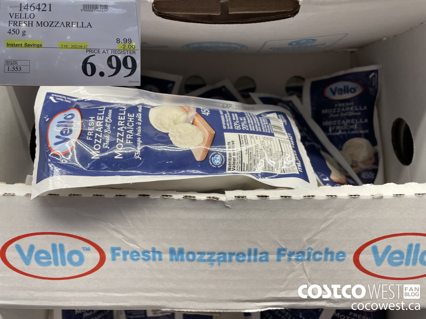 146421 VELLO FRESH MOZZARELLA 450 g ($2.00 INSTANT SAVINGS EXPIRES ON 2022-04-17) $6.99