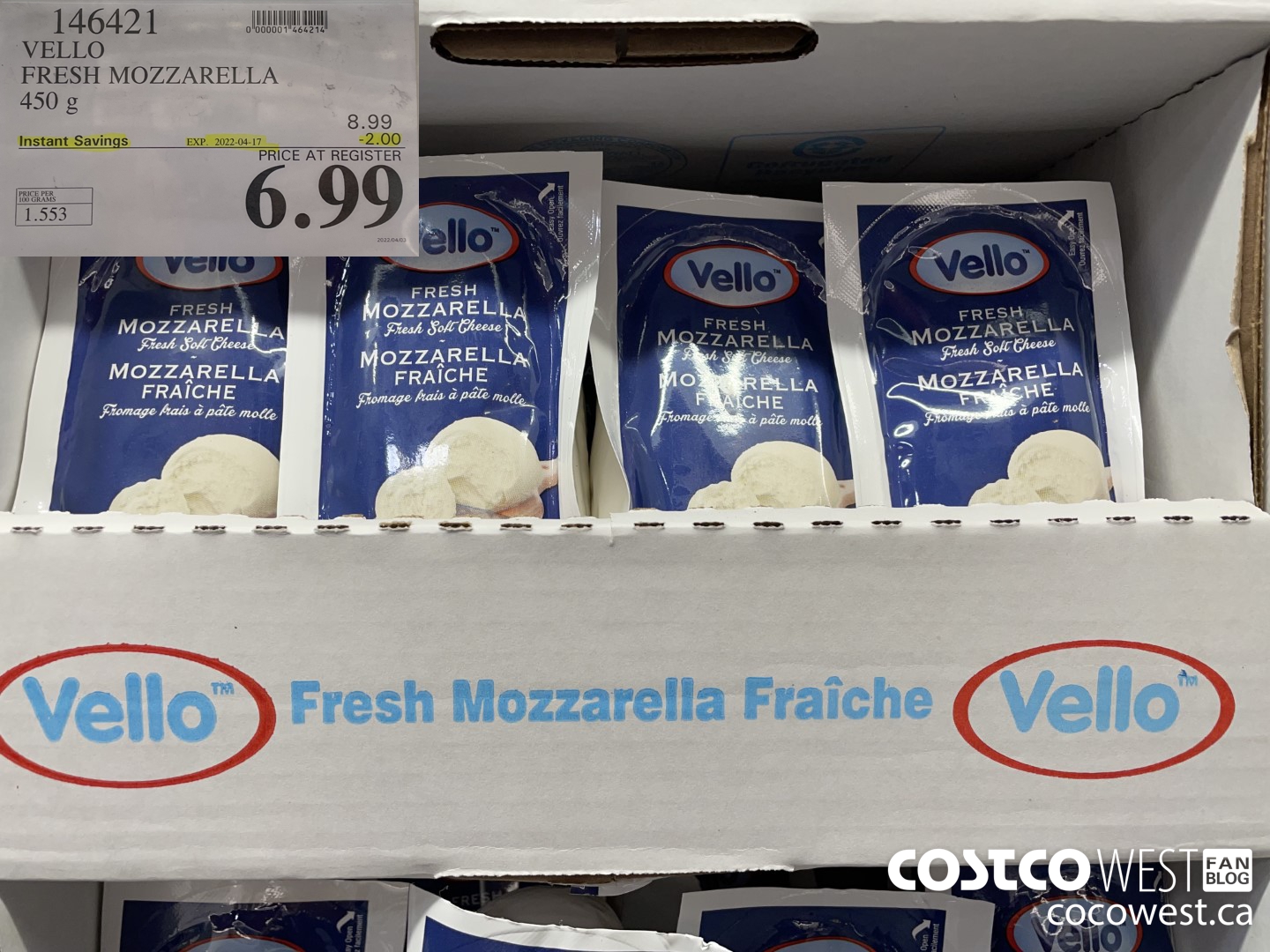 146421 VELLO FRESH MOZZARELLA 450 g ($2.00 INSTANT SAVINGS EXPIRES ON 2022-04-17) $6.99