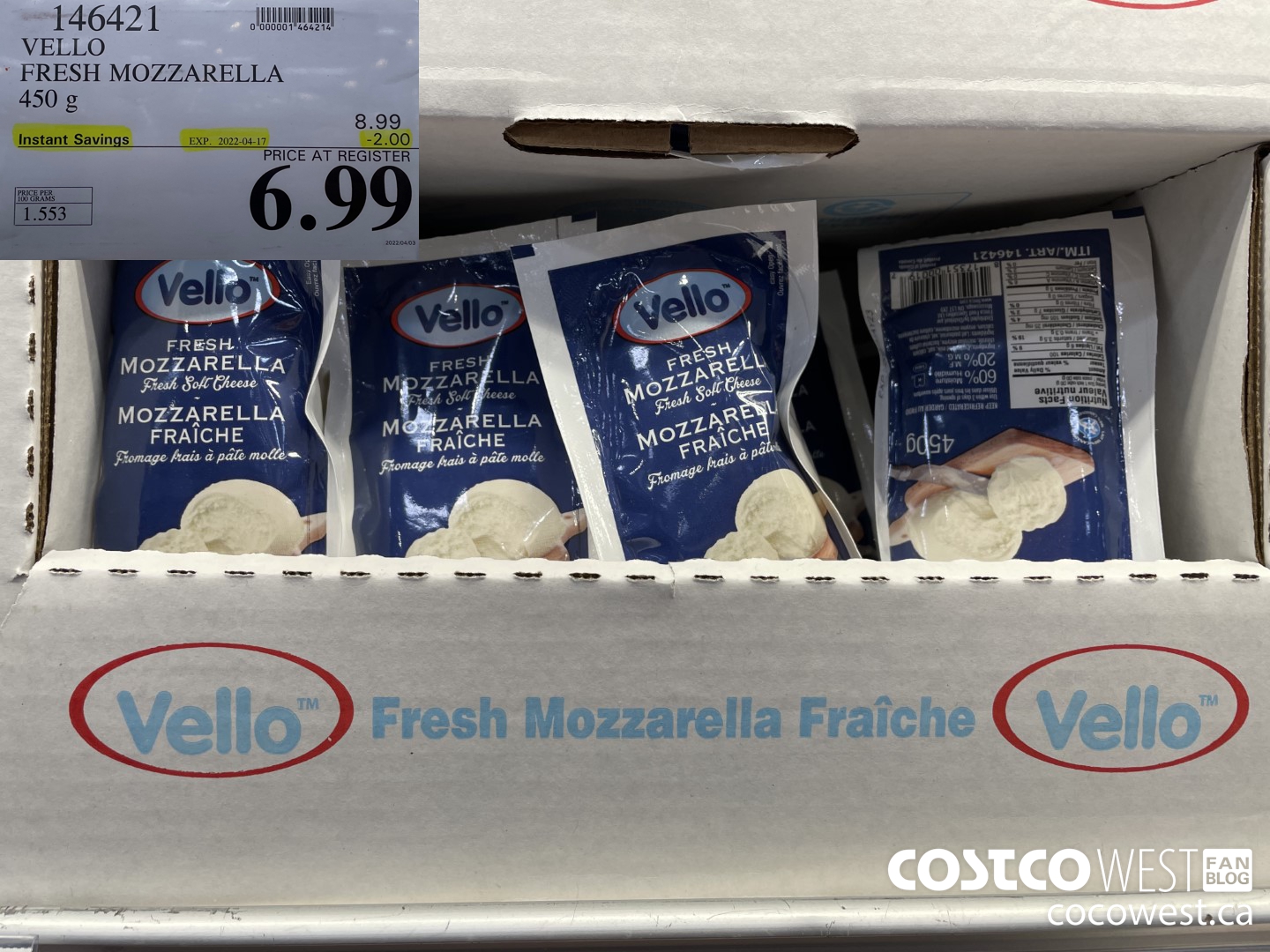 146421 VELLO FRESH MOZZARELLA 450 g ($2.00 INSTANT SAVINGS EXPIRES ON 2022-04-17) $6.99