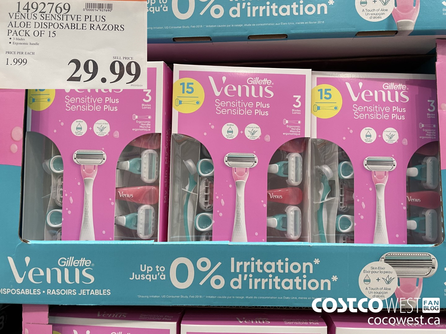 1492769 VENUS SENSITVE PLUS ALOE DISPOSABLE RAZORS PACK OF 15 $29.99