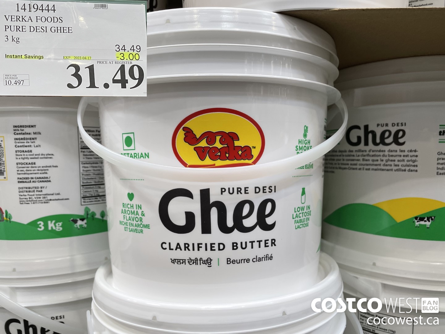 1419444 VERKA FOODS PURE DESI GHEE 3 kg ($3.00 INSTANT SAVINGS EXPIRES ON 2022-04-17) $31.49