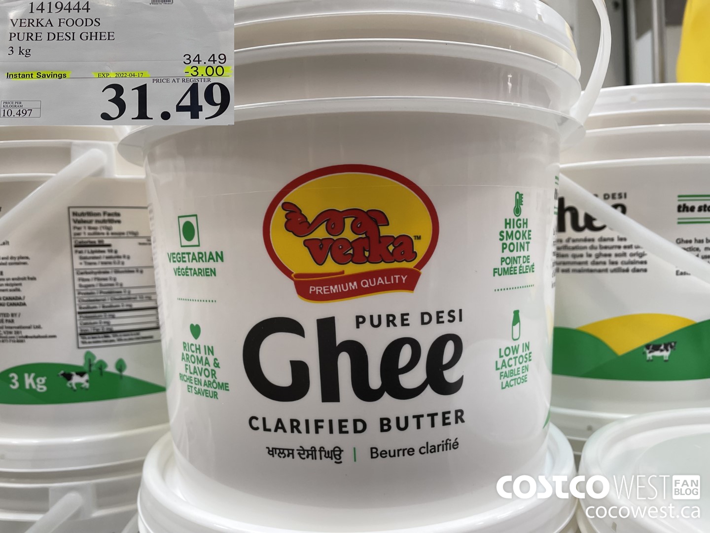 1419444 VERKA FOODS PURE DESI GHEE 3 kg ($3.00 INSTANT SAVINGS EXPIRES ON 2022-04-17) $31.49
