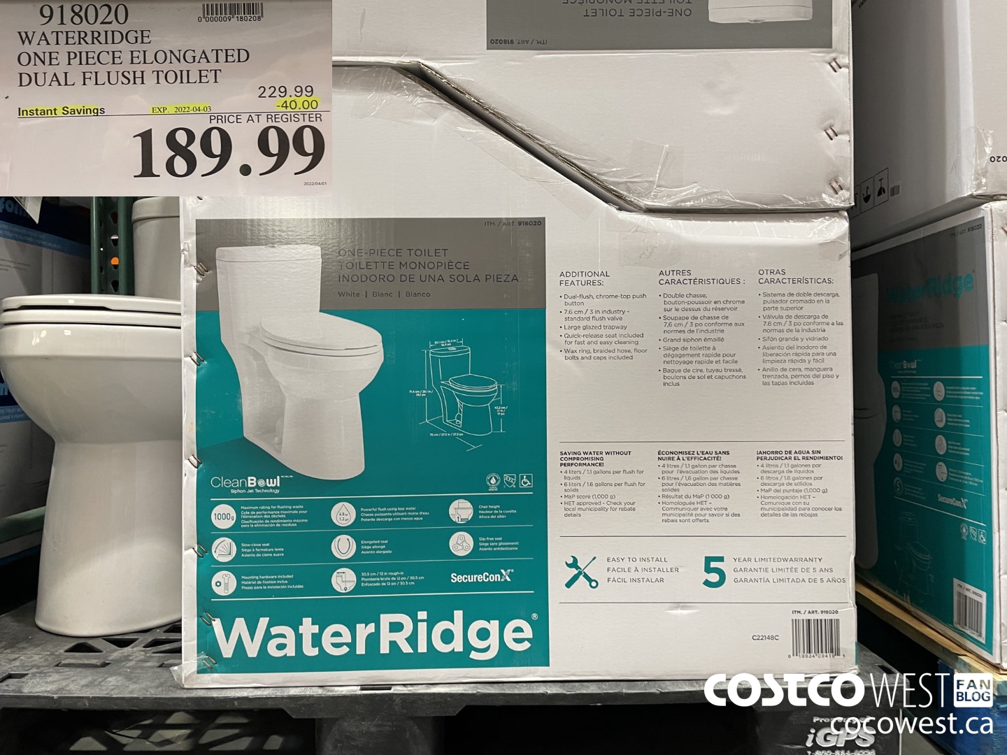 918020 WATERRIDGE ONE PIECE TOILET DUAL FLUSH ($40.00 INSTANT SAVINGS EXPIRES ON 2022-04-03) $189.99