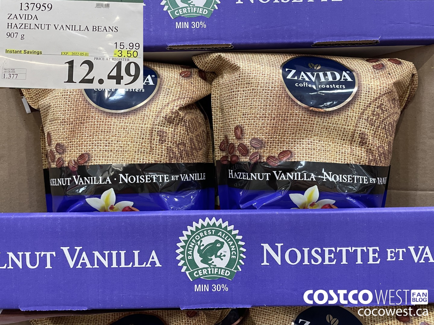 137959 ZAVIDA HAZELNUT VANILLA BEANS 907 g ($3.50 INSTANT SAVINGS EXPIRES ON 2022-05-01) $12.49