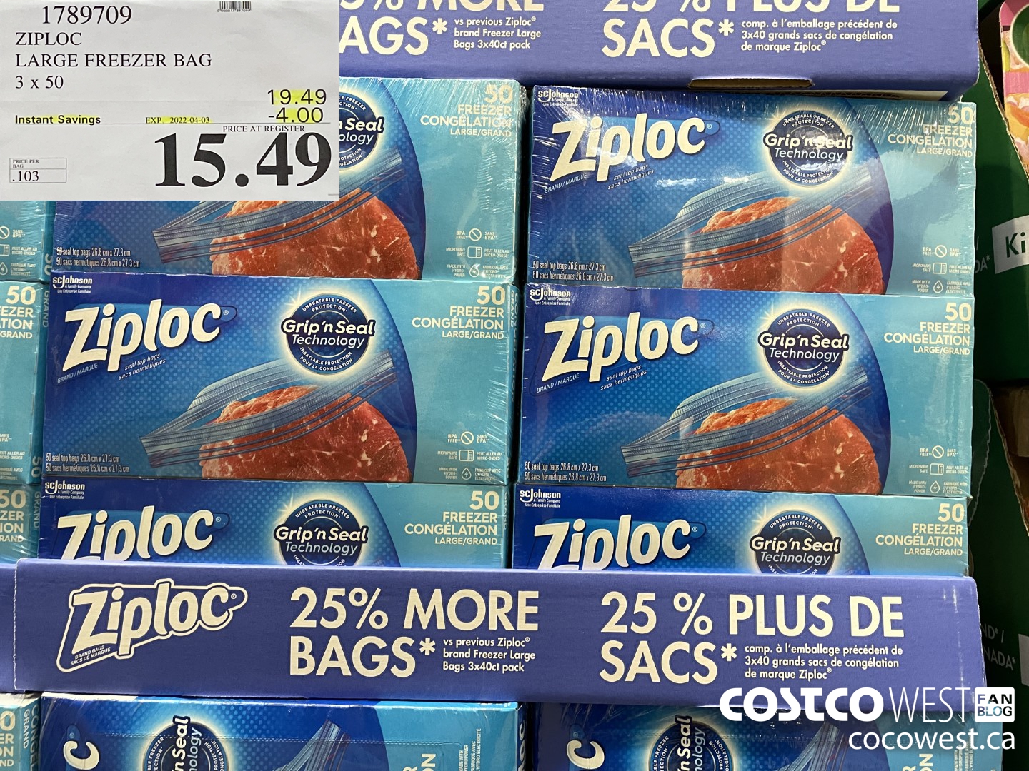 1789709 ZIPLOC LARGE FREEZER BAG 3 X 50 ($4.00 INSTANT SAVINGS EXPIRES ON 2022-04-03) $15.49