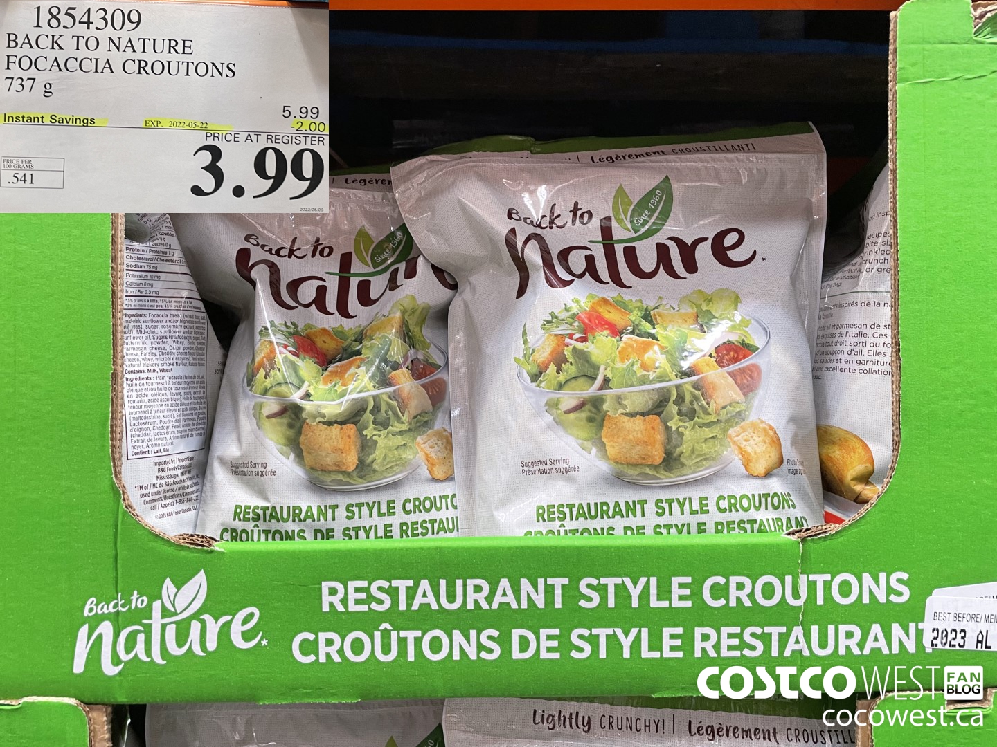 1854309 BACK TO NATURE FOCACCIA CROUTONS 737 g ($2.00 INSTANT SAVINGS EXPIRES ON 2022-05-22) $3.99
