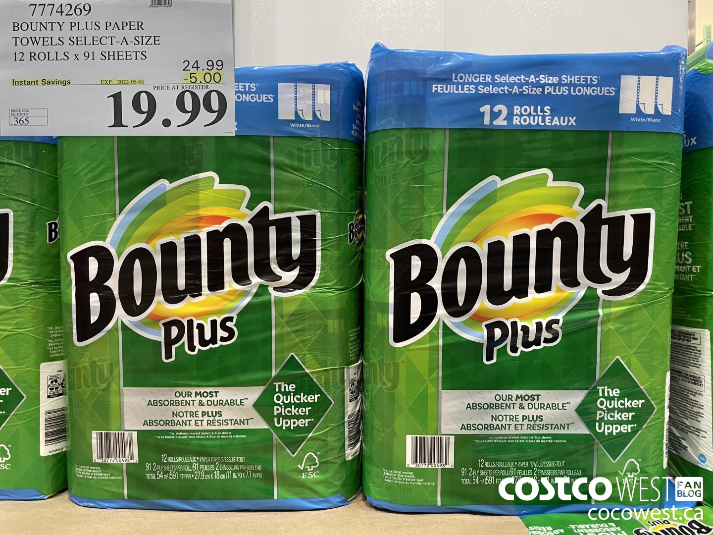 7774269 BOUNTY PLUS PAPER TOWELS SELECT-A-SIZE 12 ROLLS x 91 SHEETS ($5.00 INSTANT SAVINGS EXPIRES ON 2022-05-01) $19.99