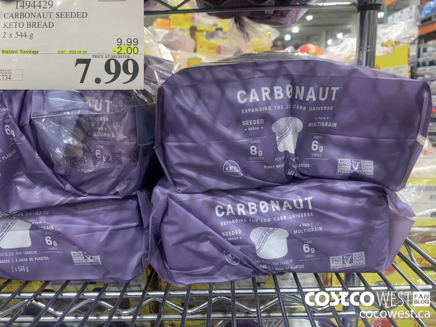 1494429 CARBONAUT SEEDED KETO BREAD 2 x 544 g ($2.00 INSTANT SAVINGS EXPIRES ON 2022-05-29) $7.99