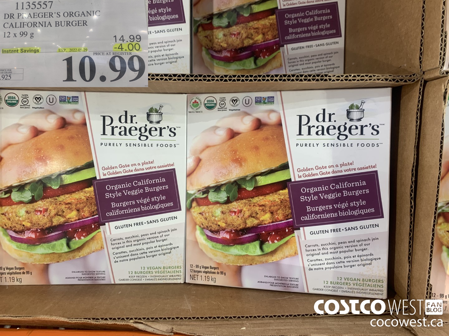 1135557 DR PRAEGER'S ORGANIC CALIFORNIA BURGER 12 x 99 g ($4.00 INSTANT SAVINGS EXPIRES ON 2022-05-29) $10.99