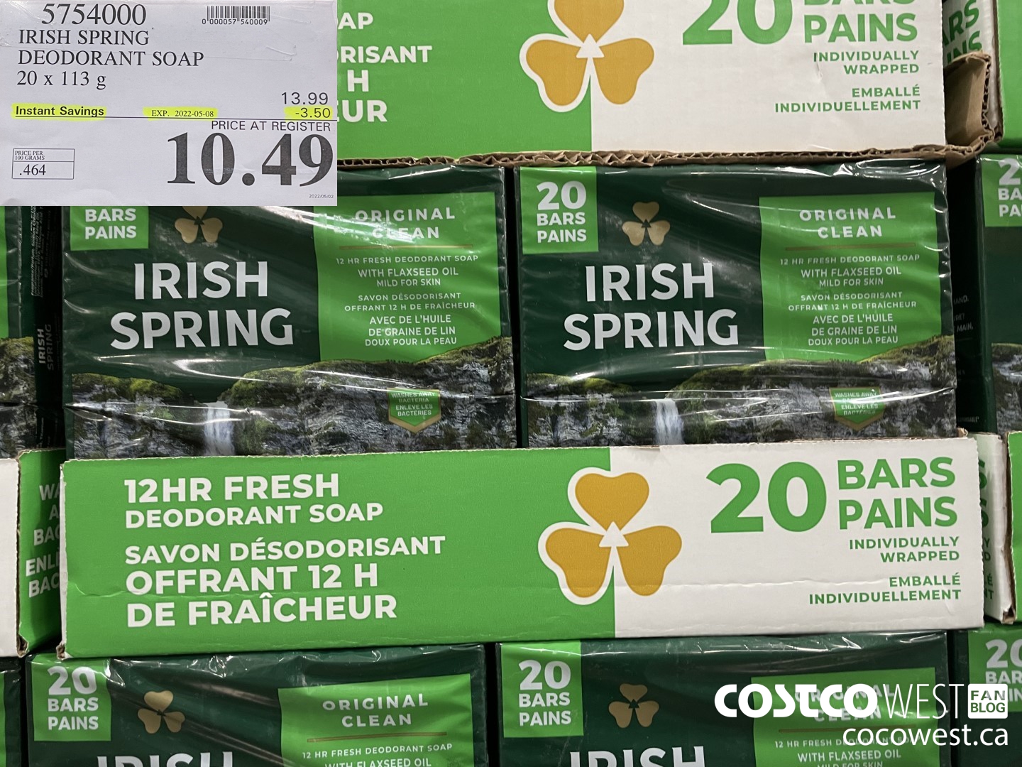 5754000 IRISH SPRING DEODORANT SOAP 20 x 113 g ($3.50 INSTANT SAVINGS EXPIRES ON 2022-05-08) $10.49