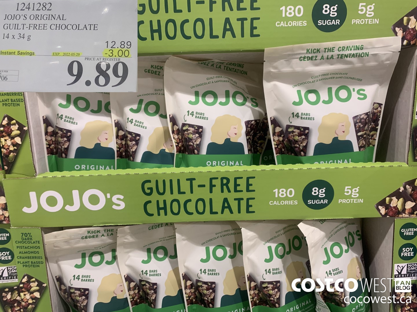 1241282 JOJO'S ORIGINAL GUILT-FREE CHOCOLATE BAR 14 X 34 G ($3.00 INSTANT SAVINGS EXPIRES ON 2022-05-29) $9.89