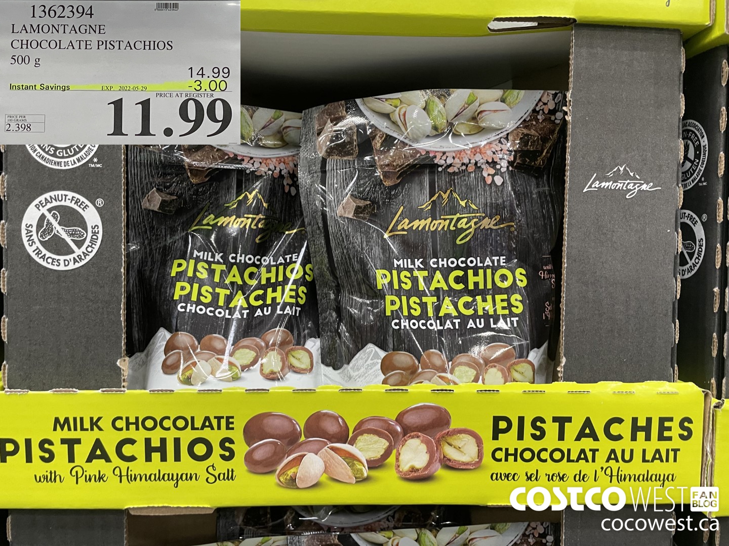 1362394 LAMONTAGNE CHOCOLATE PISTACHIOS 500 g ($3.00 INSTANT SAVINGS EXPIRES ON 2022-05-29) $11.99