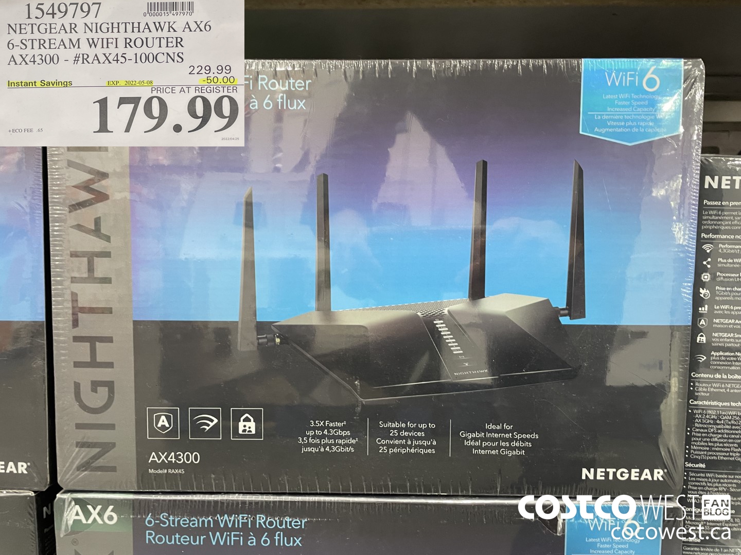 1549797 NETGEAR NIGHTHAWK AX6 6-STREAM WIFI ROUTER AX4300 - #RAX45-100CNS ($50.00 INSTANT SAVINGS EXPIRES ON 2022-05-08) $179.99