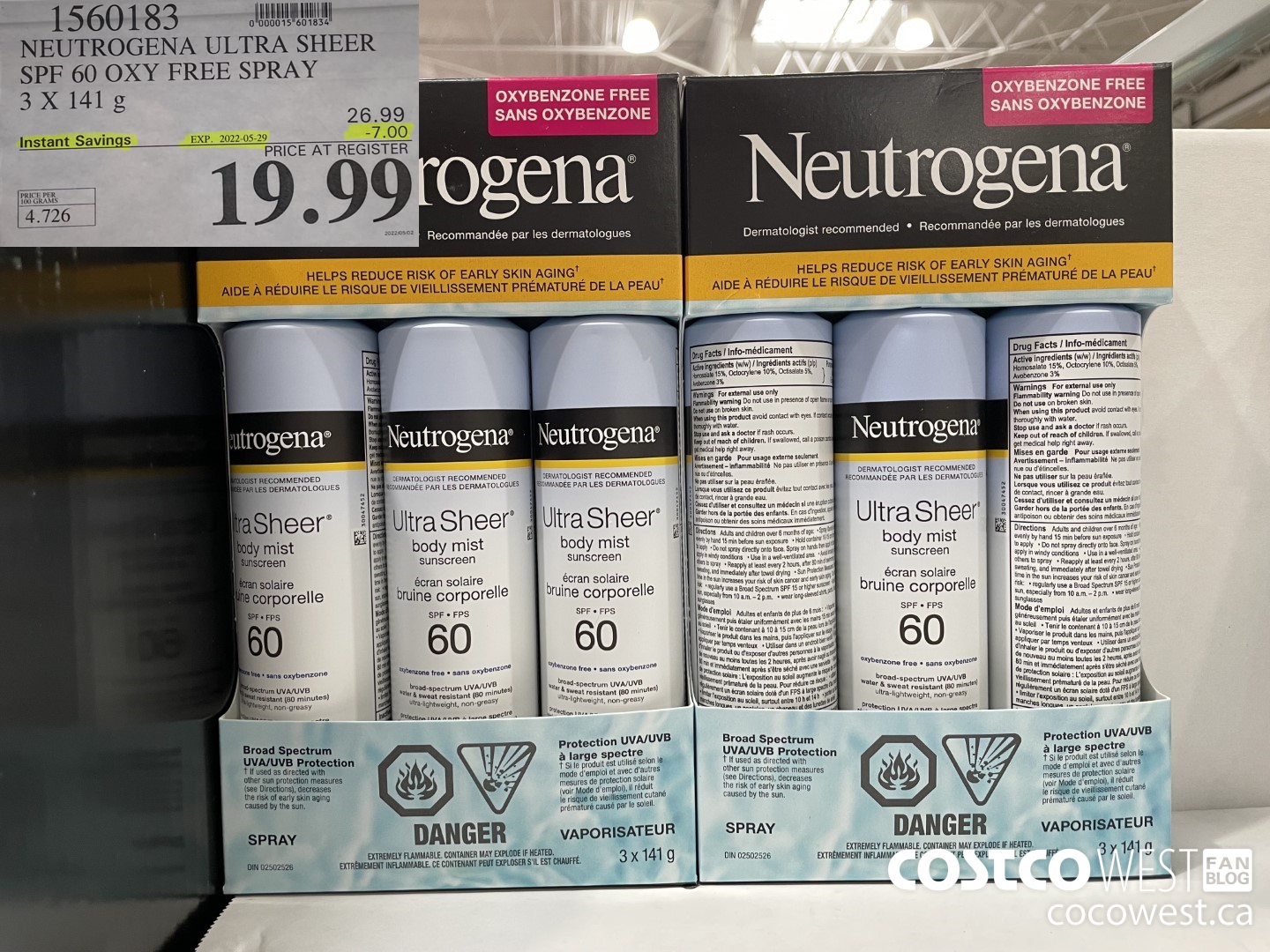 1560183 NEUTROGENA ULTRA SHEER SPF 60 OXY FREE SPRAY 3 X 141 g ($7.00 INSTANT SAVINGS EXPIRES ON 2022-05-29) $19.99