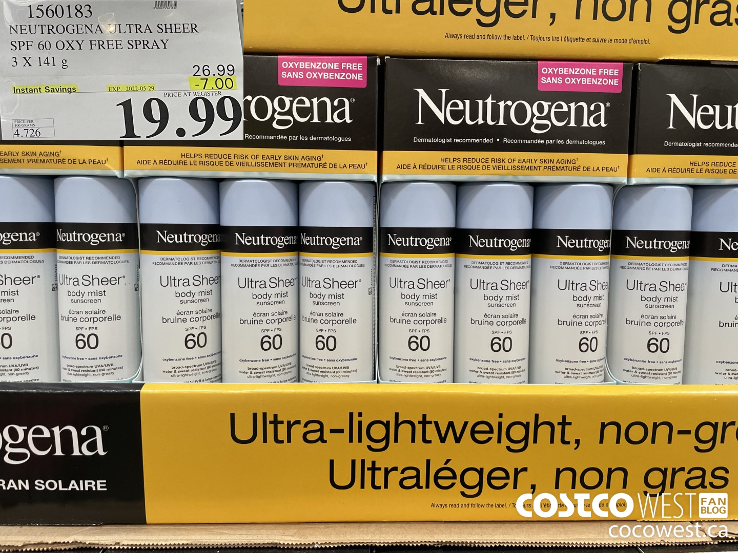 1560183 NEUTROGENA ULTRA SHEER SPF 60 OXY FREE SPRAY 3 X 141 g ($7.00 INSTANT SAVINGS EXPIRES ON 2022-05-29) $19.99