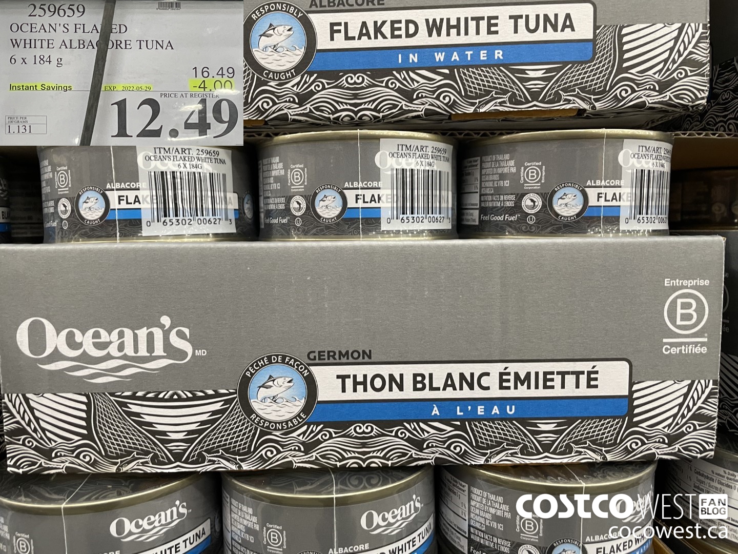 259659 OCEAN'S FLAKED WHITE ALBACORE TUNA 6 x 184 g ($4.00 INSTANT SAVINGS EXPIRES ON 2022-05-29) $12.49