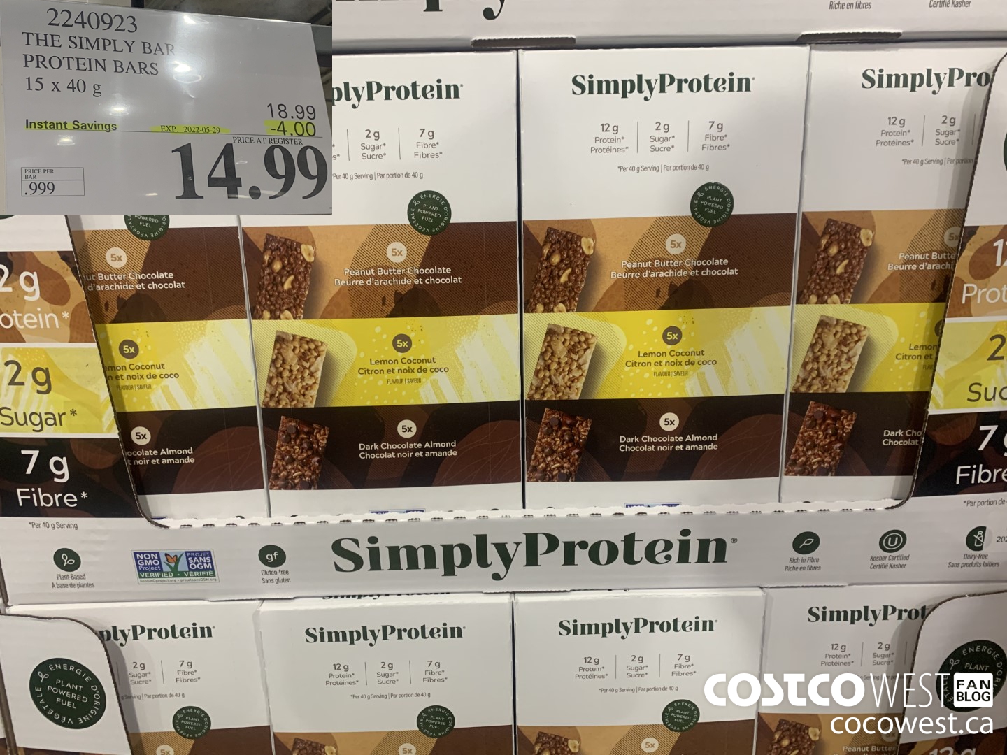 2240923 THE SIMPLY BAR PROTEIN BARS 15 x 40 g ($4.00 INSTANT SAVINGS EXPIRES ON 2022-05-29) $14.99