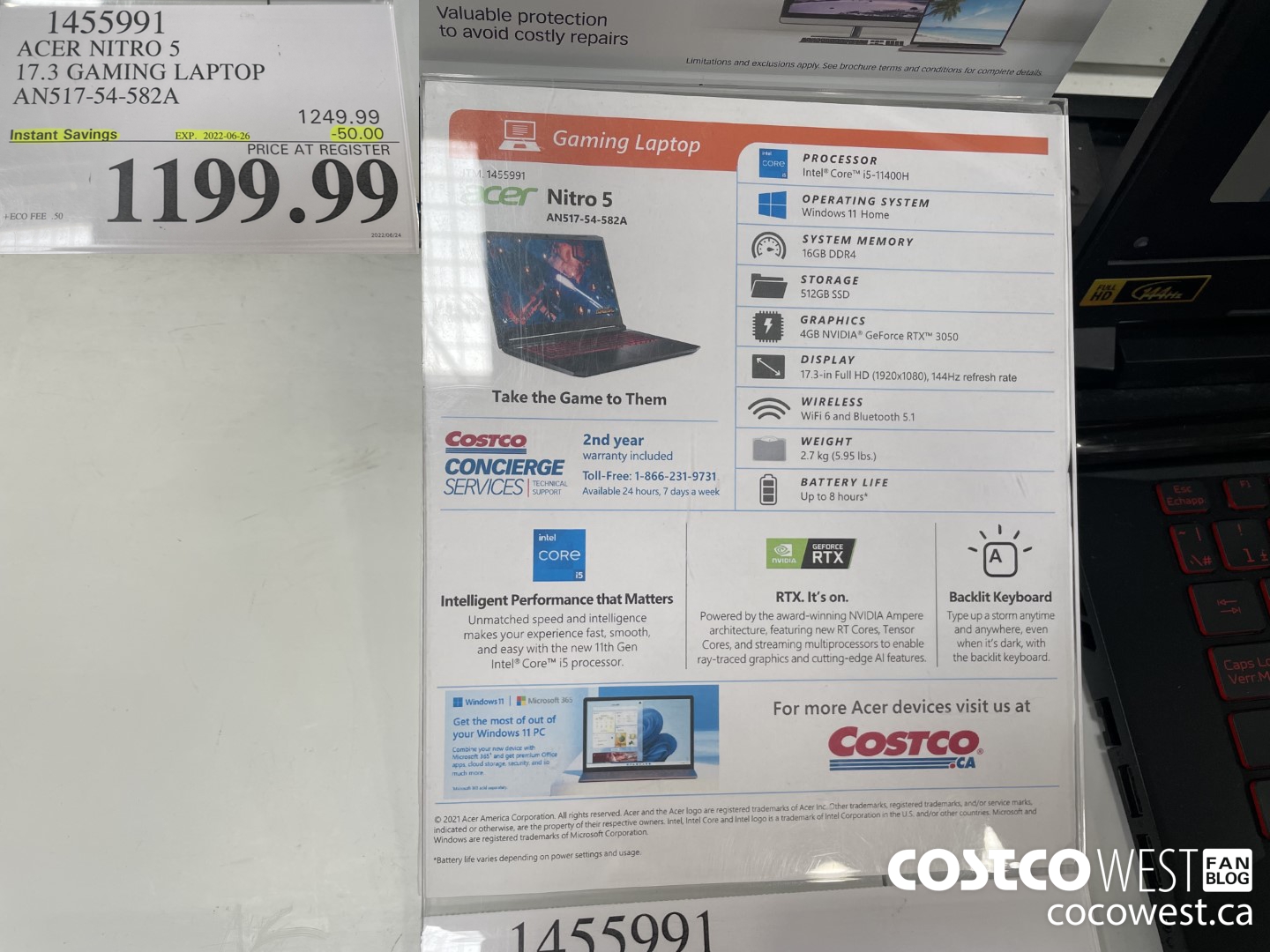 1455991 ACER NITRO 5 17.3 GAMING LAPTOP AN517-54-582A ($50.00 INSTANT SAVINGS EXPIRES ON 2022-06-26) $1199.99