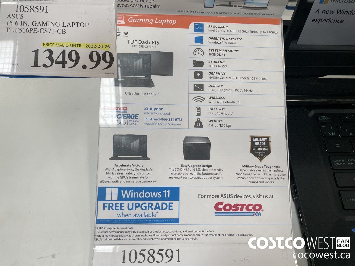 1058591 ASUS 15.6 IN. GAMING LAPTOP TUF516PE-CS71-CB (EXPIRES ON 2022-06-26) $1349.99