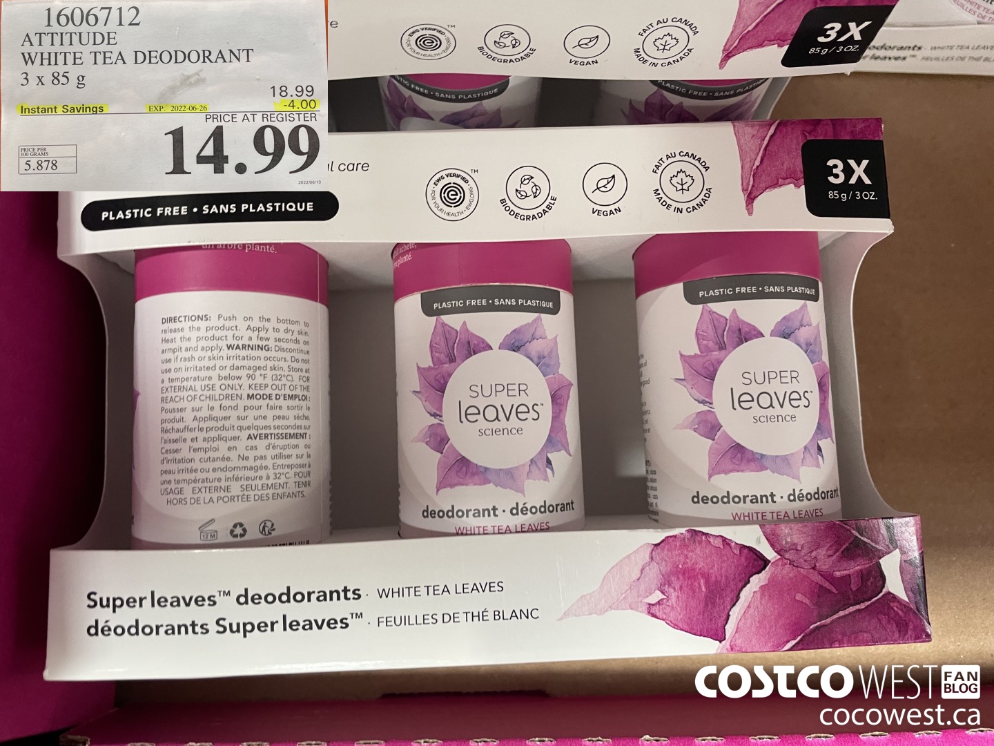 1606712 ATTITUDE WHITE TEA DEODORANT 3 x 85 g  ($4.00 INSTANT SAVINGS EXPIRES ON 2022-06-26) $14.99