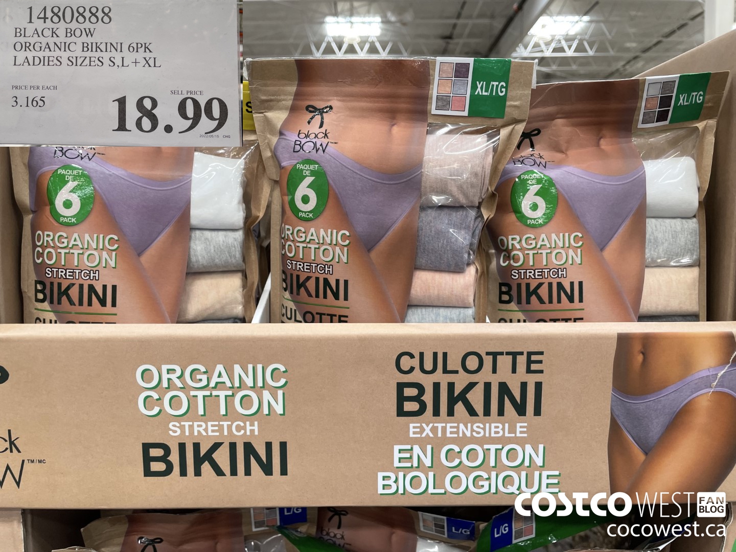 1480888 BLACK BOW ORGANIC BIKINI 5PK LADIES SIZES S, L + XL $18.99