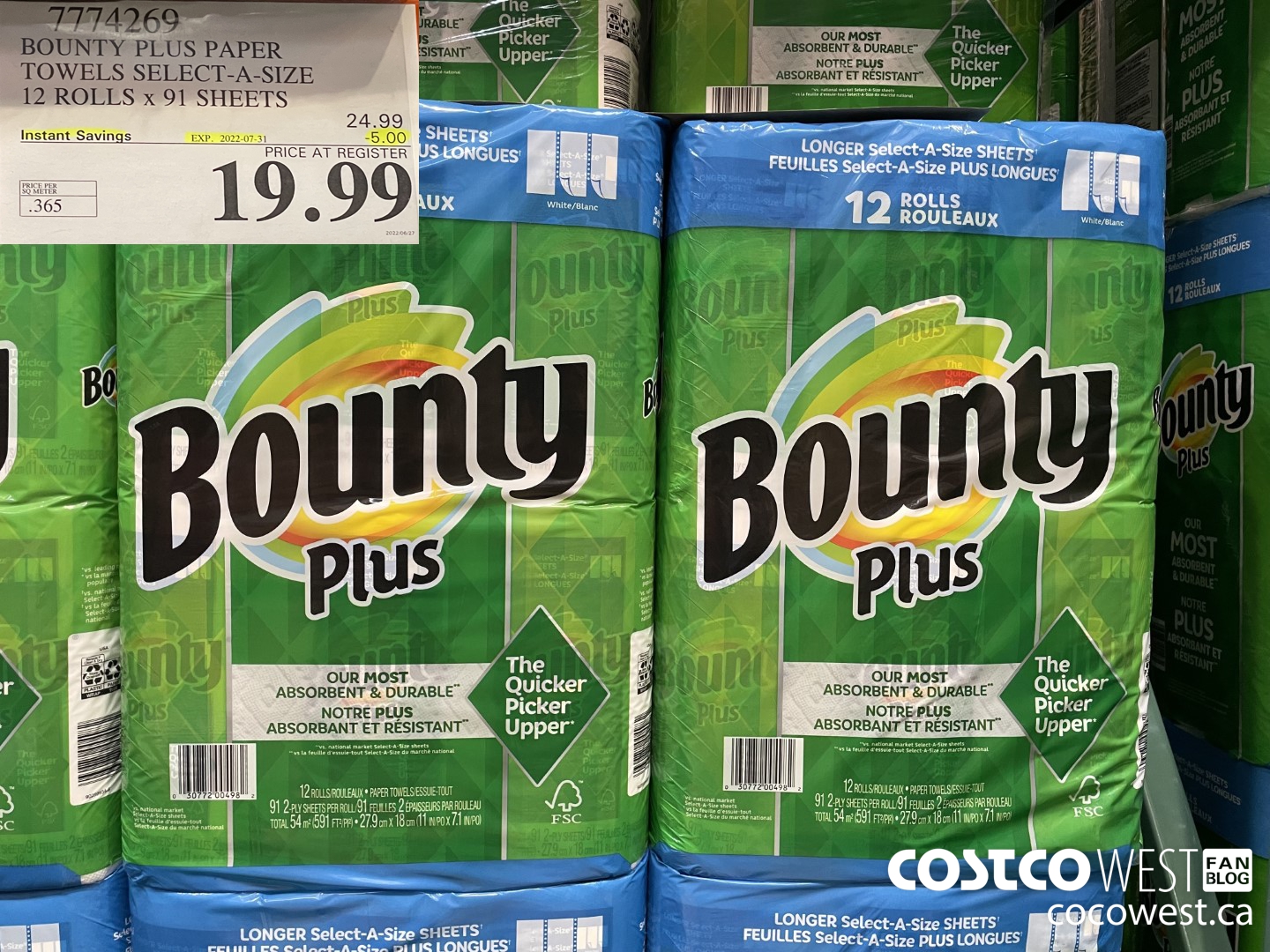 7774269 BOUNTY PLUS PAPER TOWELS SELECT-A-SIZE 12 ROLLS x 91 SHEETS ($5.00 INSTANT SAVINGS EXPIRES ON 2022-07-31) $19.99